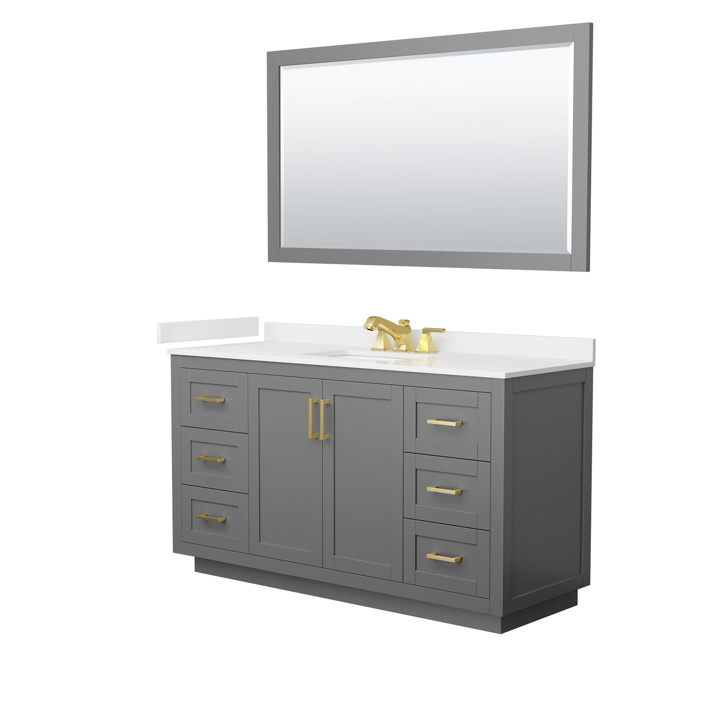 Wyndham Collection Miranda 60" Single Bathroom Vanity in Dark Gray, White Quartz Countertop, Undermount Square Sink (3-Hole), Brushed Gold Trim, 58" Mirror