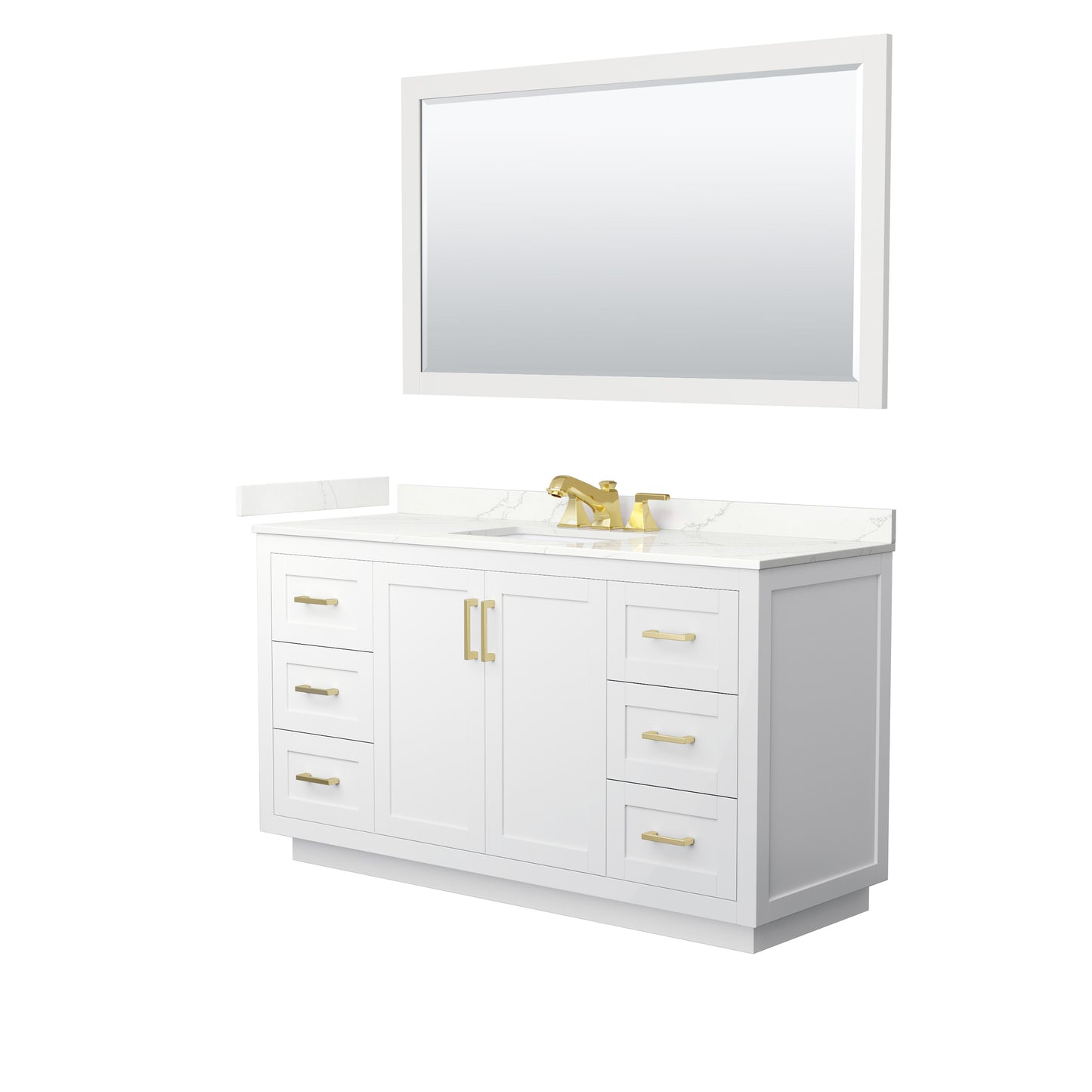 Wyndham Collection Miranda 60" Single Bathroom Vanity in White, Giotto Quartz Countertop, Undermount Square Sink (3-Hole), Brushed Gold Trim, 58" Mirror