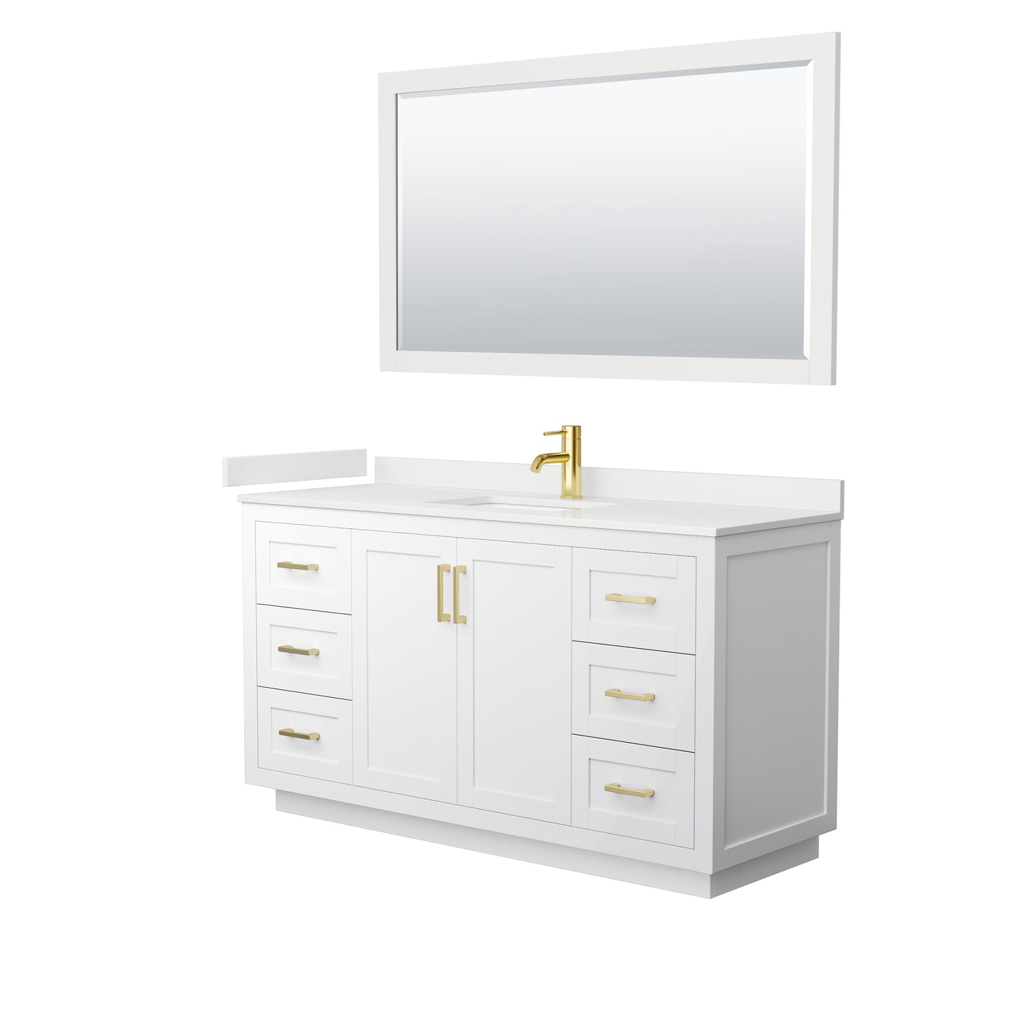 Wyndham Collection Miranda 60" Single Bathroom Vanity in White, White Quartz Countertop, Undermount Square Sink (1-Hole), Brushed Gold Trim, 58" Mirror