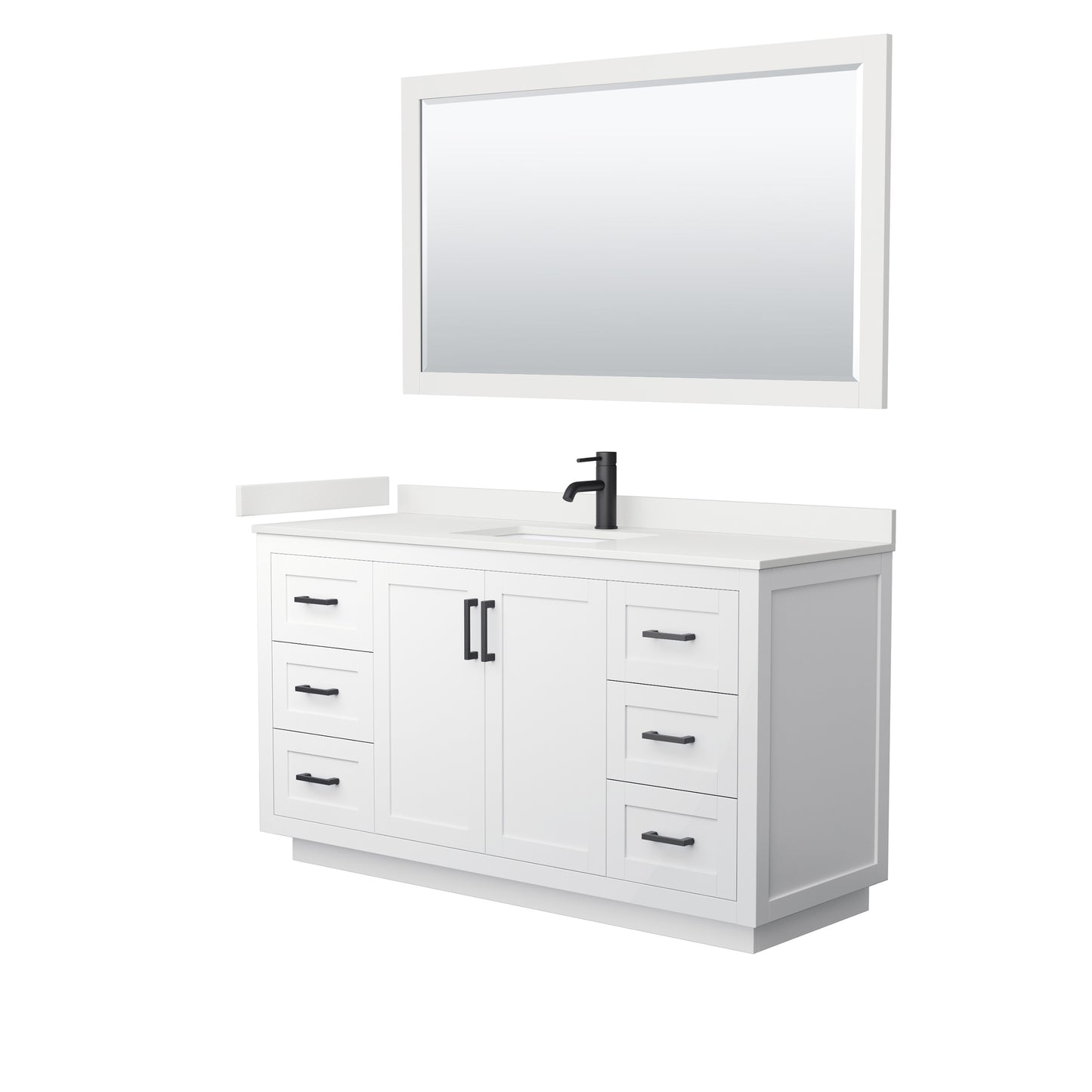 Wyndham Collection Miranda 60" Single Bathroom Vanity in White, White Quartz Countertop, Undermount Square Sink (1-Hole), Matte Black Trim, 58" Mirror