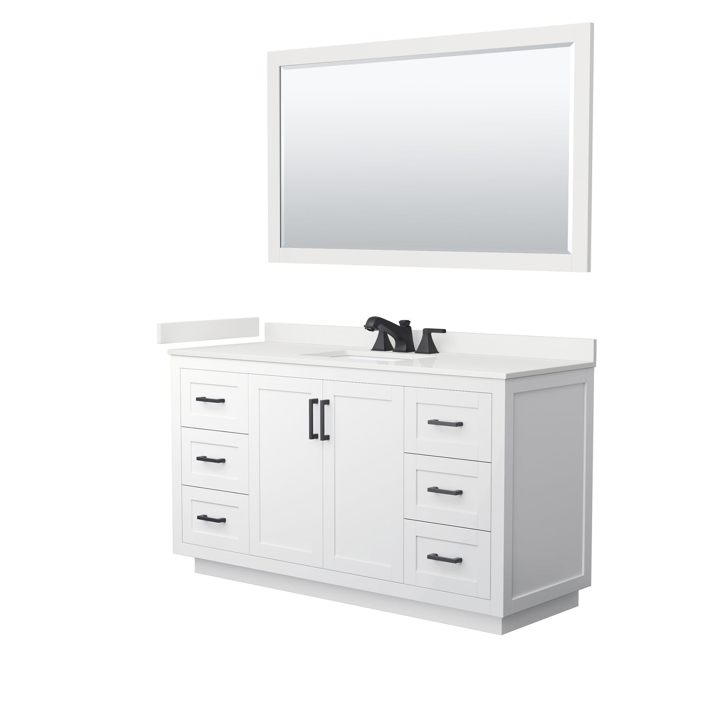 Wyndham Collection Miranda 60" Single Bathroom Vanity in White, White Quartz Countertop, Undermount Square Sink (3-Hole), Matte Black Trim, 58" Mirror