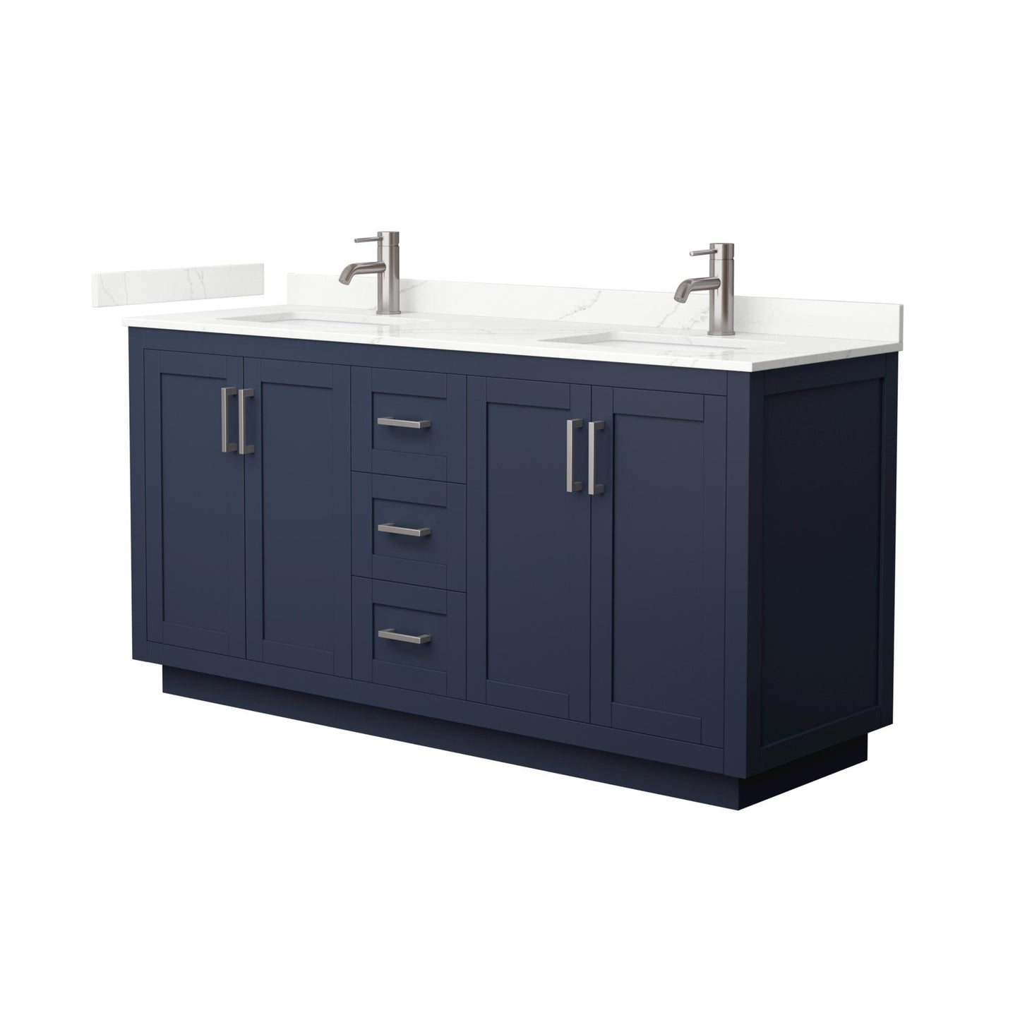 Wyndham Collection Miranda 66" Double Bathroom Vanity in Dark Blue, Giotto Quartz Countertop, Undermount Square Sinks (1-Hole), Brushed Nickel Trim