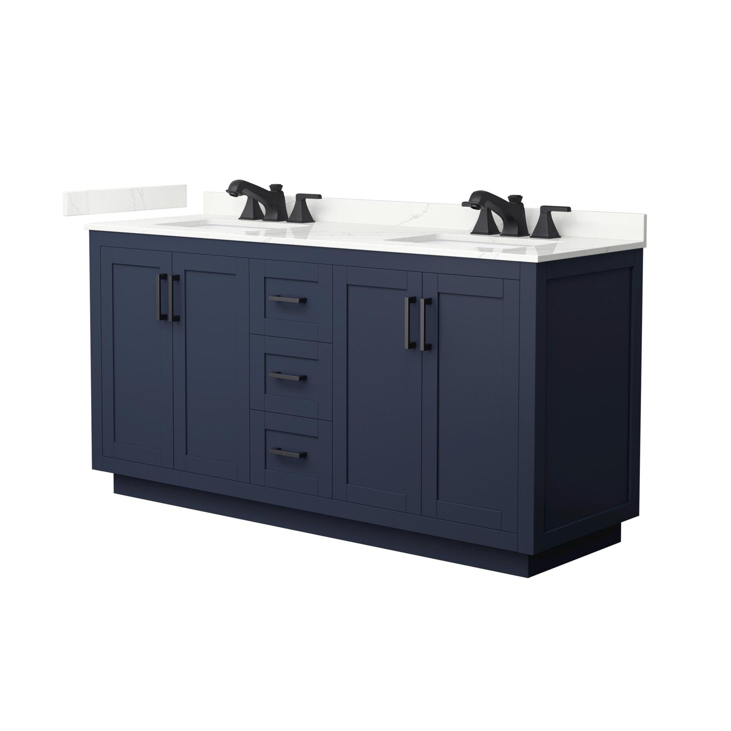 Wyndham Collection Miranda 66" Double Bathroom Vanity in Dark Blue, Giotto Quartz Countertop, Undermount Square Sinks (3-Hole), Matte Black Trim