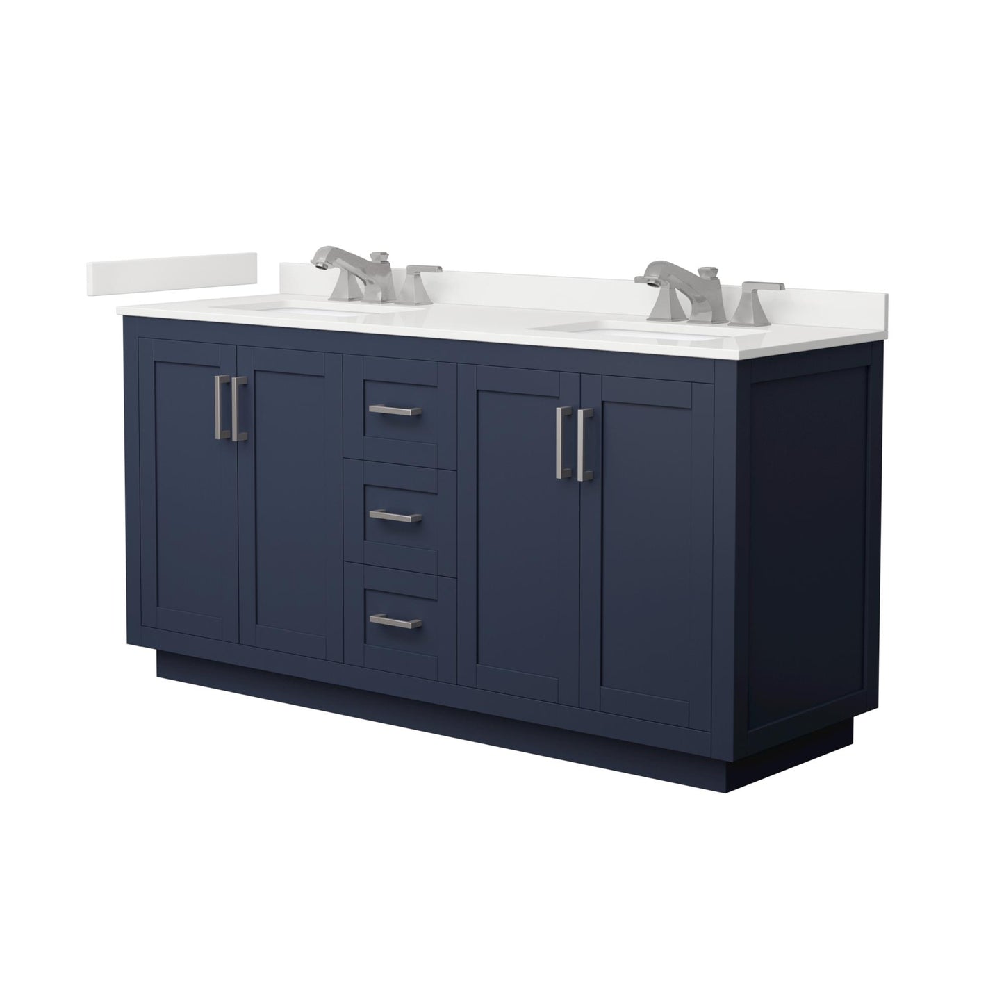 Wyndham Collection Miranda 66" Double Bathroom Vanity in Dark Blue, White Quartz Countertop, Undermount Square Sinks (3-Hole), Brushed Nickel Trim