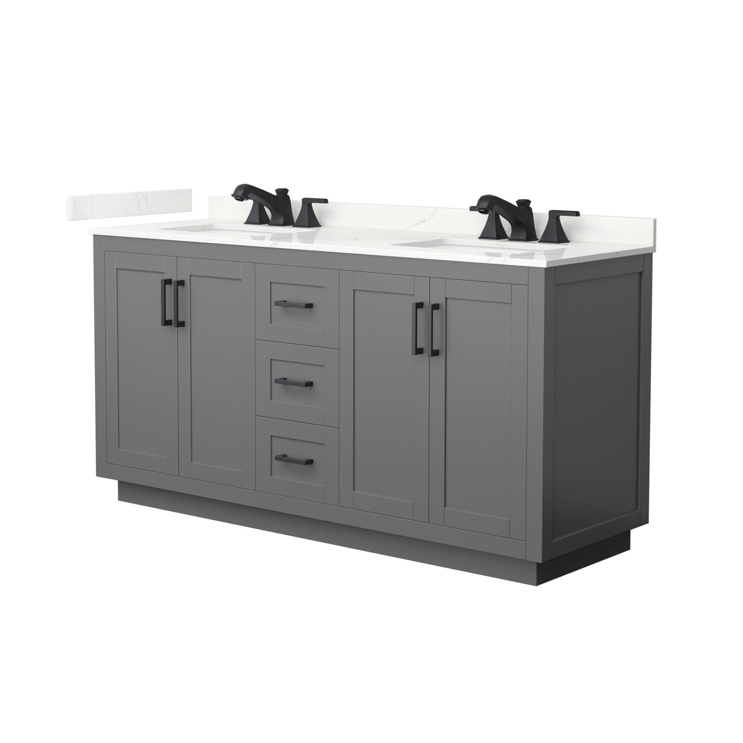 Wyndham Collection Miranda 66" Double Bathroom Vanity in Dark Gray, Giotto Quartz Countertop, Undermount Square Sinks (3-Hole), Matte Black Trim