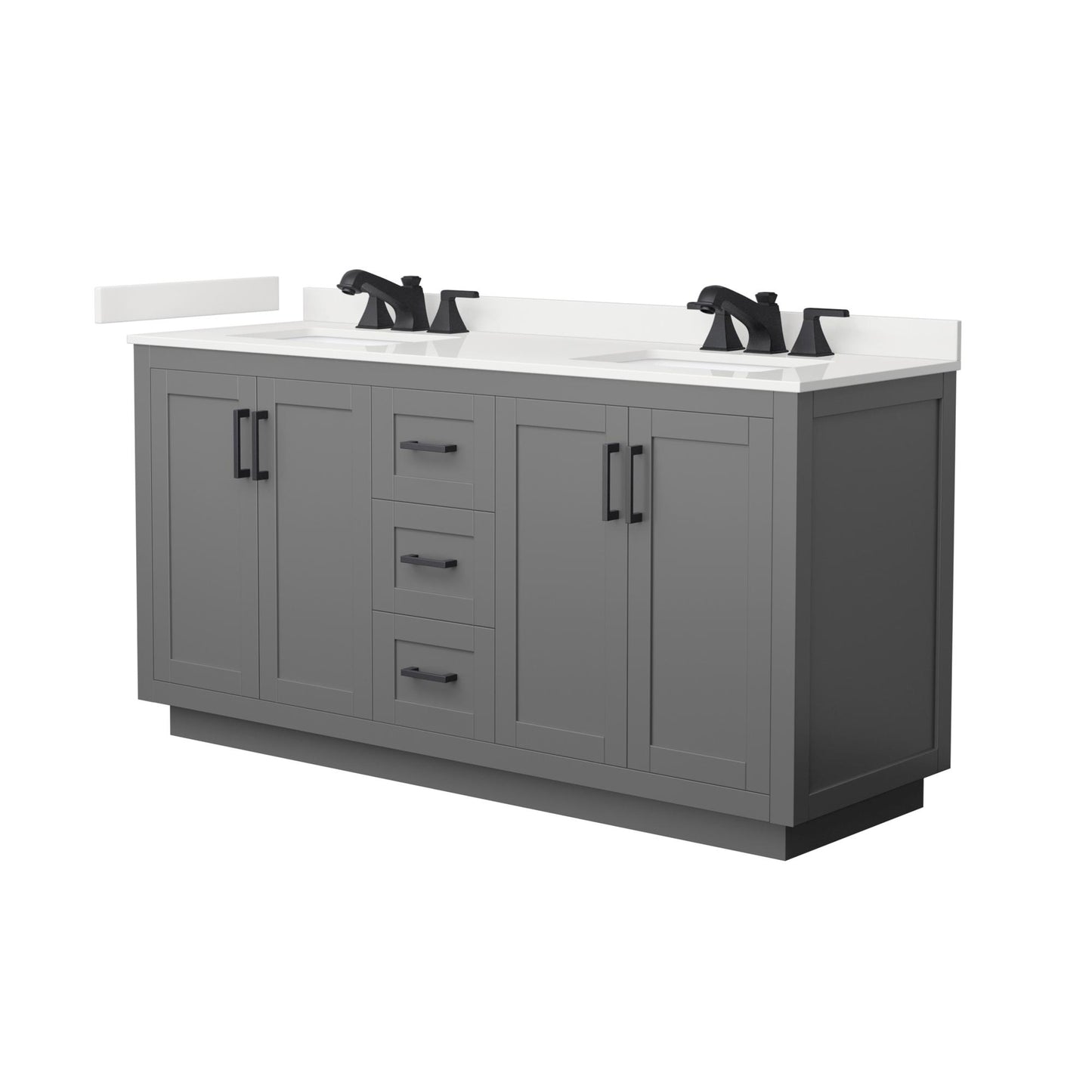 Wyndham Collection Miranda 66" Double Bathroom Vanity in Dark Gray, White Quartz Countertop, Undermount Square Sinks (3-Hole), Matte Black Trim