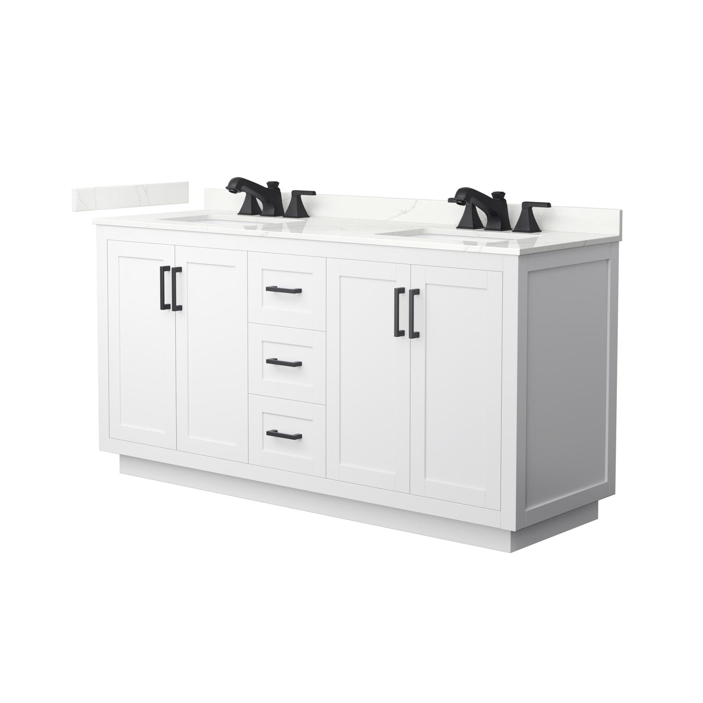 Wyndham Collection Miranda 66" Double Bathroom Vanity in White, Giotto Quartz Countertop, Undermount Square Sinks (3-Hole), Matte Black Trim