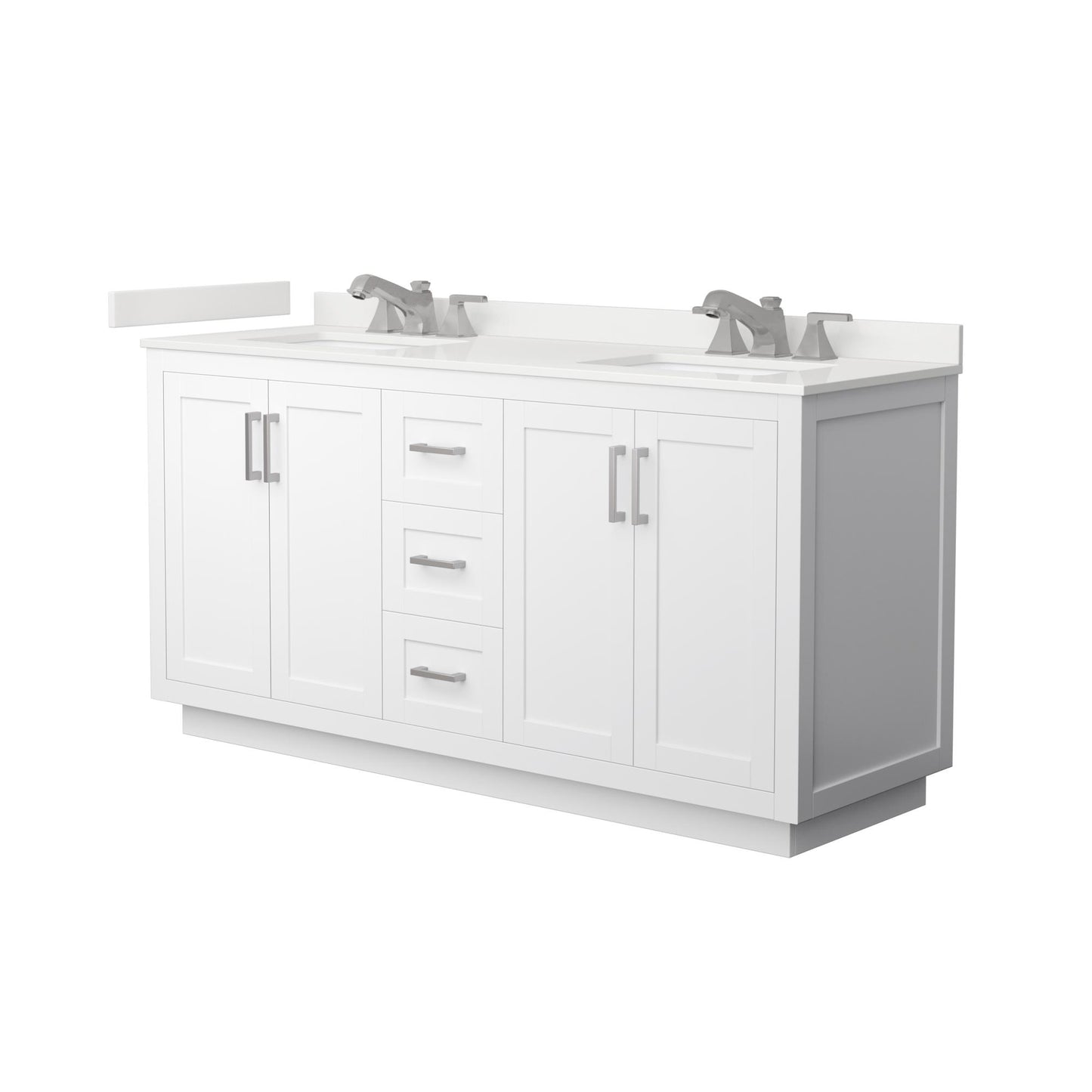 Wyndham Collection Miranda 66" Double Bathroom Vanity in White, White Quartz Countertop, Undermount Square Sinks (3-Hole), Brushed Nickel Trim