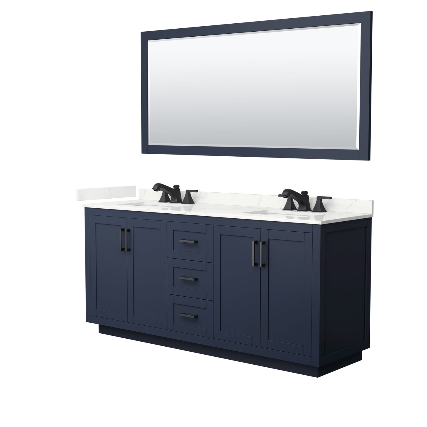 Wyndham Collection Miranda 72" Double Bathroom Vanity in Dark Blue, Giotto Quartz Countertop, Undermount Square Sinks (3-Hole), Matte Black Trim, 70" Mirror