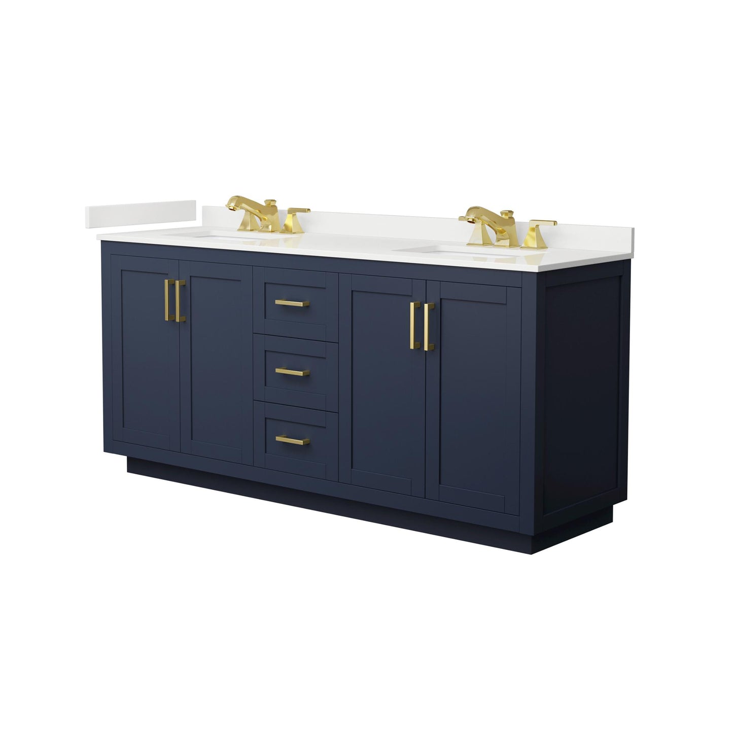 Wyndham Collection Miranda 72" Double Bathroom Vanity in Dark Blue, White Quartz Countertop, Undermount Square Sinks (3-Hole), Brushed Gold Trim