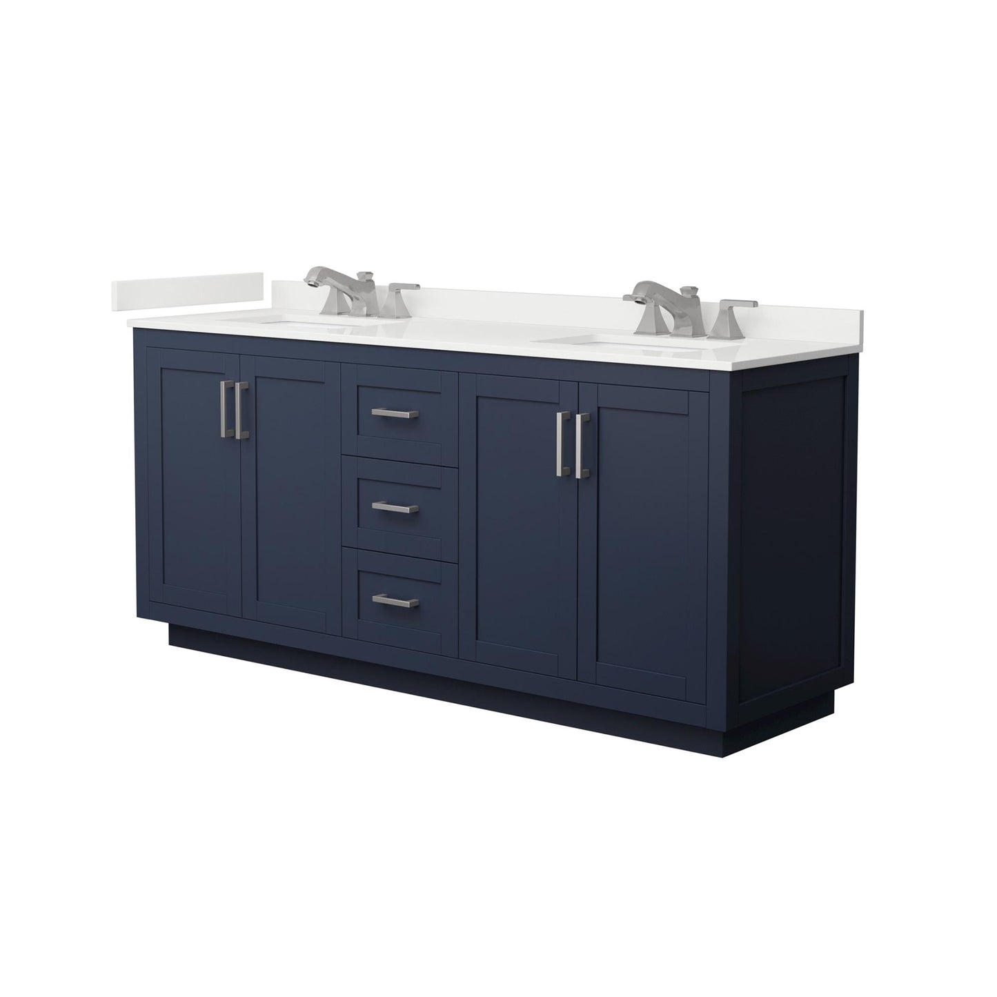 Wyndham Collection Miranda 72" Double Bathroom Vanity in Dark Blue, White Quartz Countertop, Undermount Square Sinks (3-Hole), Brushed Nickel Trim