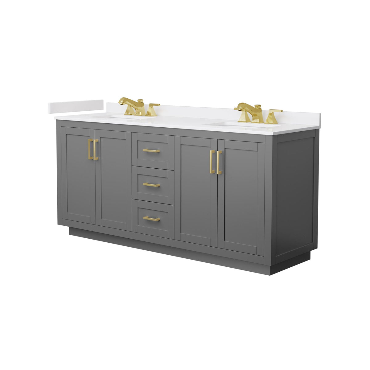 Wyndham Collection Miranda 72" Double Bathroom Vanity in Dark Gray, White Cultured Marble Countertop, Undermount Square Sinks (3-Hole), Brushed Gold Trim