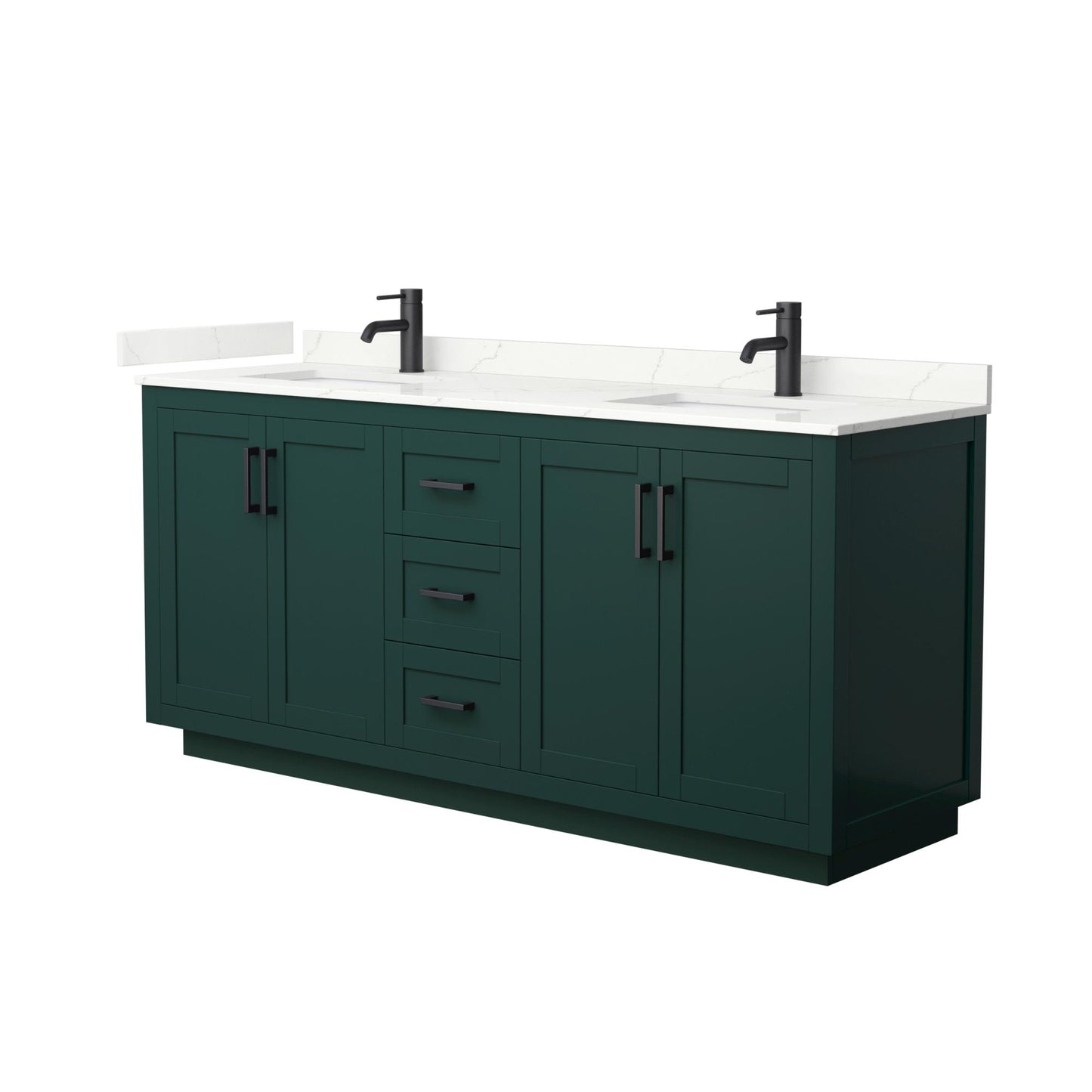Wyndham Collection Miranda 72" Double Bathroom Vanity in Green, Giotto Quartz Countertop, Undermount Square Sinks (1-Hole), Matte Black Trim