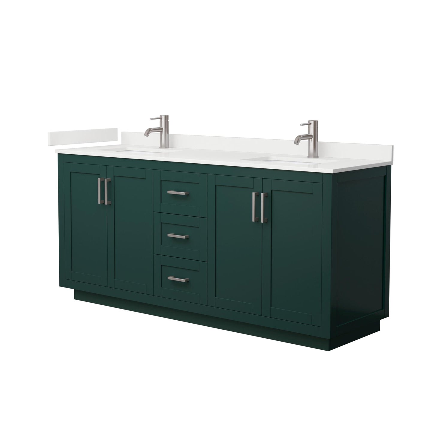 Wyndham Collection Miranda 72" Double Bathroom Vanity in Green, White Quartz Countertop, Undermount Square Sinks (1-Hole), Brushed Nickel Trim