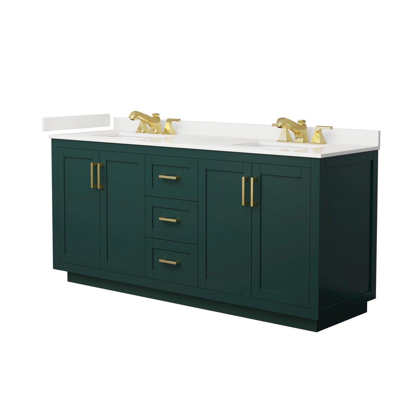 Wyndham Collection Miranda 72" Double Bathroom Vanity in Green, White Quartz Countertop, Undermount Square Sinks (3-Hole), Brushed Gold Trim