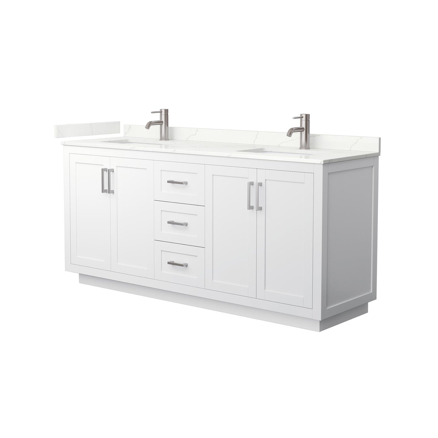 Wyndham Collection Miranda 72" Double Bathroom Vanity in White, Giotto Quartz Countertop, Undermount Square Sinks (1-Hole), Brushed Nickel Trim