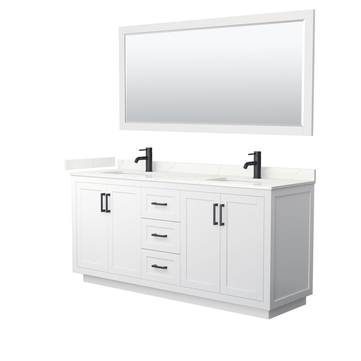 Wyndham Collection Miranda 72" Double Bathroom Vanity in White, Giotto Quartz Countertop, Undermount Square Sinks (1-Hole), Matte Black Trim, 70" Mirror