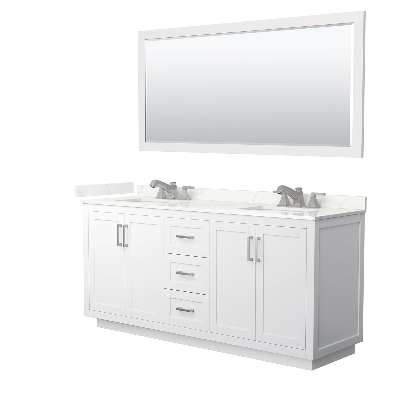 Wyndham Collection Miranda 72" Double Bathroom Vanity in White, Giotto Quartz Countertop, Undermount Square Sinks (3-Hole), Brushed Nickel Trim, 70" Mirror