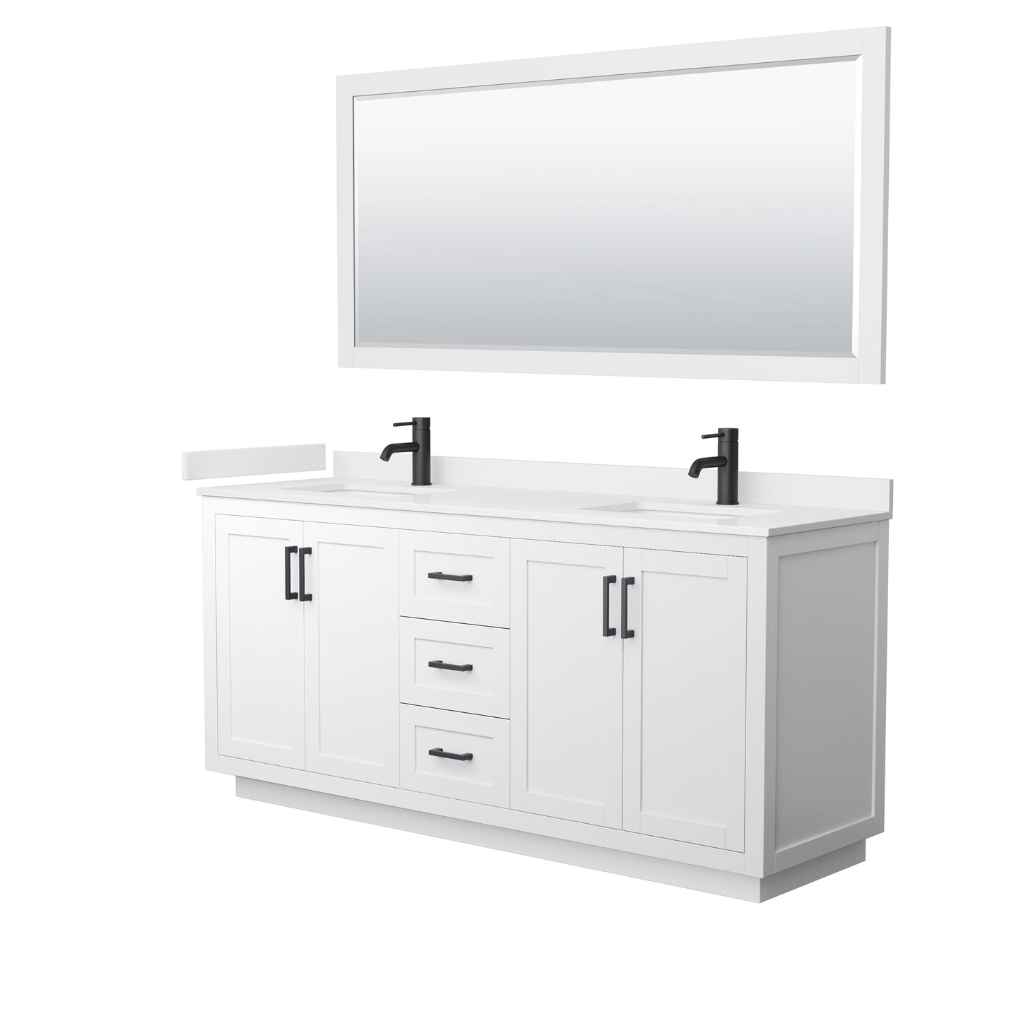 Wyndham Collection Miranda 72" Double Bathroom Vanity in White, White Quartz Countertop, Undermount Square Sinks (1-Hole), Matte Black Trim, 70" Mirror