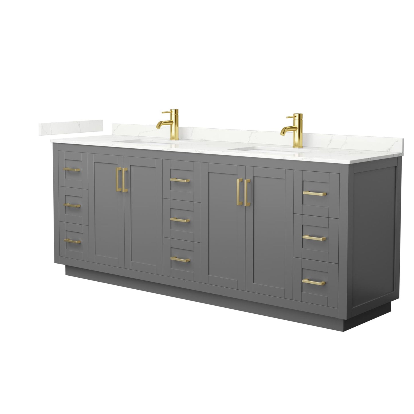 Wyndham Collection Miranda 84" Double Bathroom Vanity in Dark Gray, Giotto Quartz Countertop, Undermount Square Sinks (1-Hole), Brushed Gold Trim