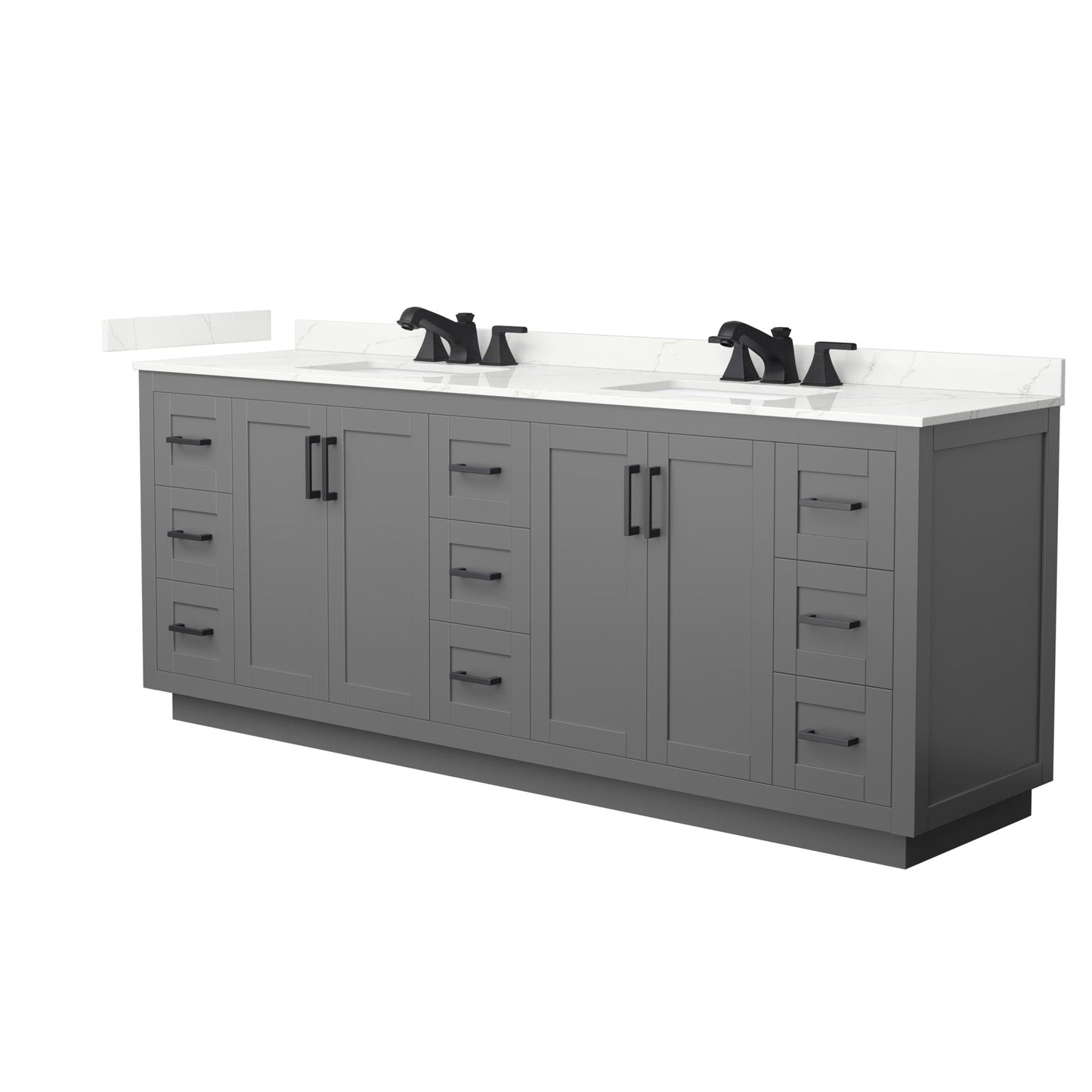Wyndham Collection Miranda 84" Double Bathroom Vanity in Dark Gray, Giotto Quartz Countertop, Undermount Square Sinks (3-Hole), Matte Black Trim