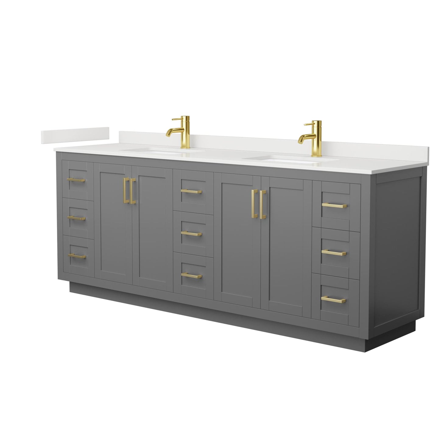 Wyndham Collection Miranda 84" Double Bathroom Vanity in Dark Gray, White Quartz Countertop, Undermount Square Sinks (1-Hole), Brushed Gold Trim
