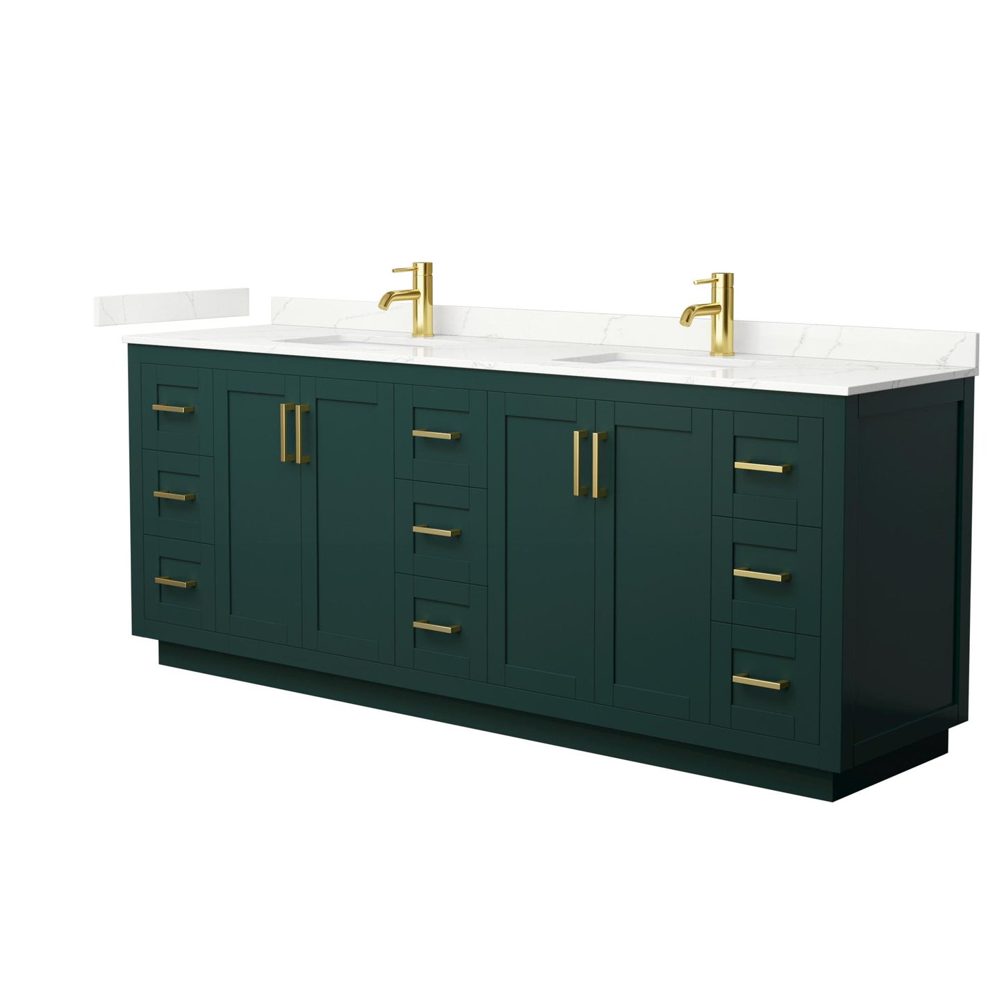 Wyndham Collection Miranda 84" Double Bathroom Vanity in Green, Giotto Quartz Countertop, Undermount Square Sinks (1-Hole), Brushed Gold Trim