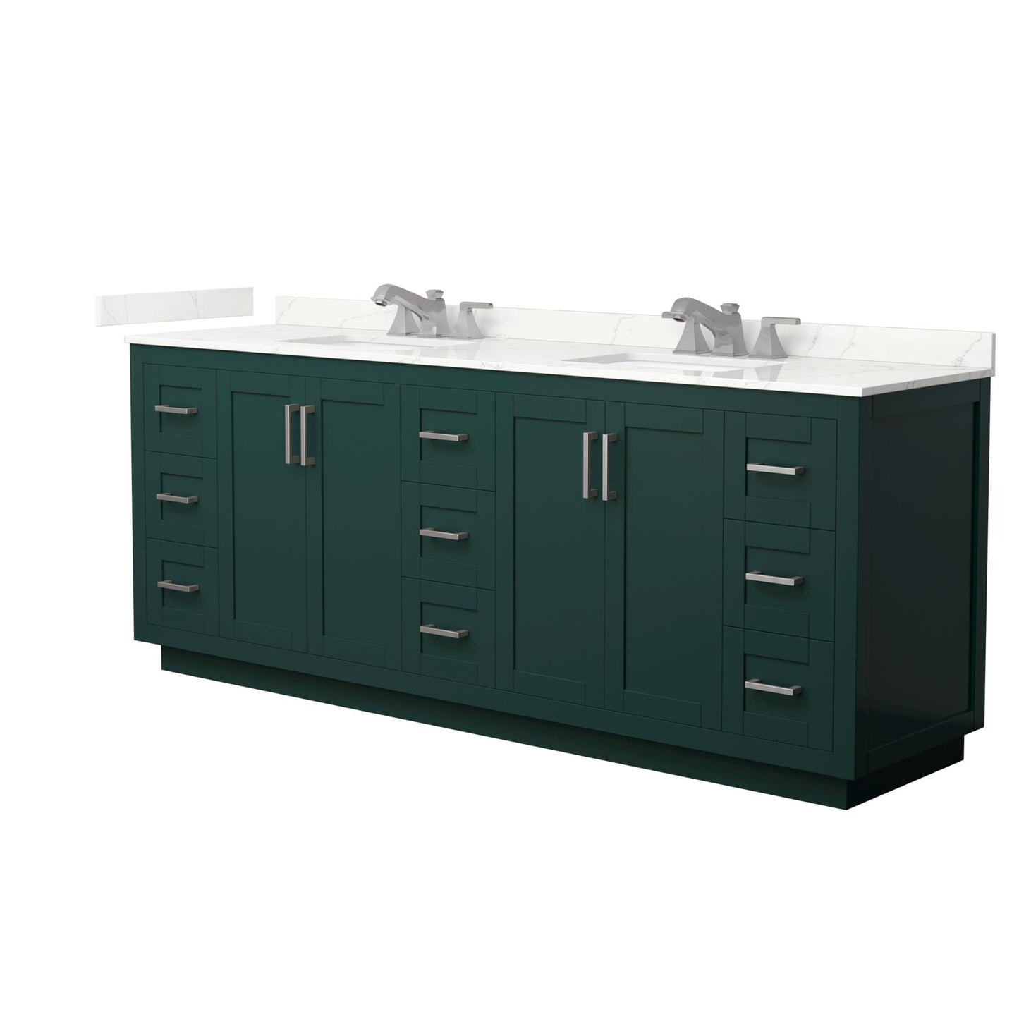 Wyndham Collection Miranda 84" Double Bathroom Vanity in Green, Giotto Quartz Countertop, Undermount Square Sinks (3-Hole), Brushed Nickel Trim