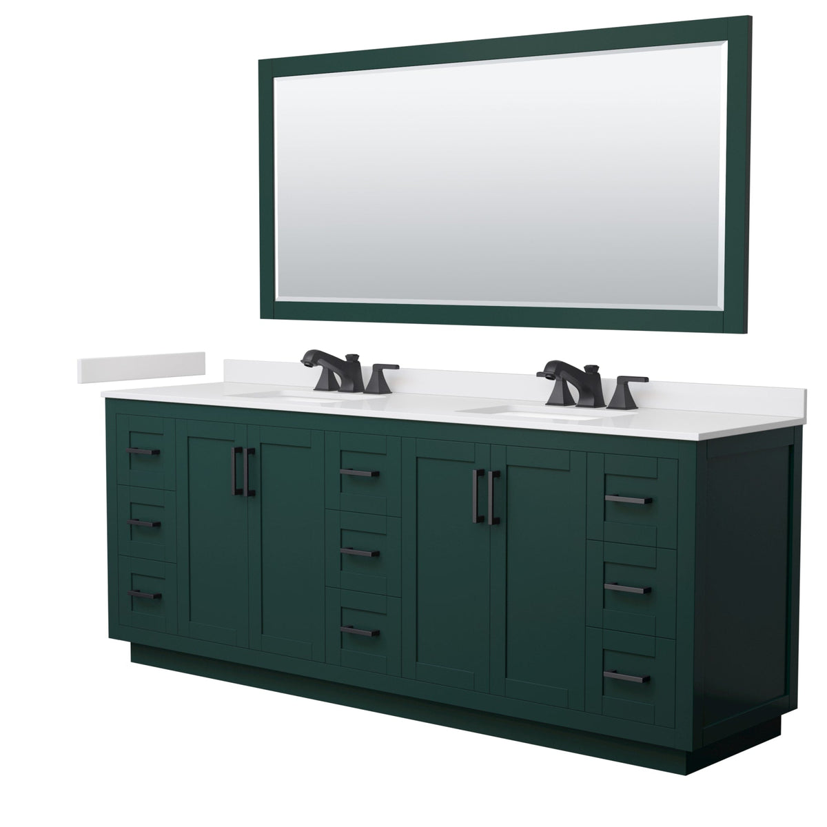 Wyndham Collection Miranda 84" Double Bathroom Vanity in Green, White Cultured Marble Countertop, Undermount Square Sinks (3-Hole), Matte Black Trim and 70" Mirror