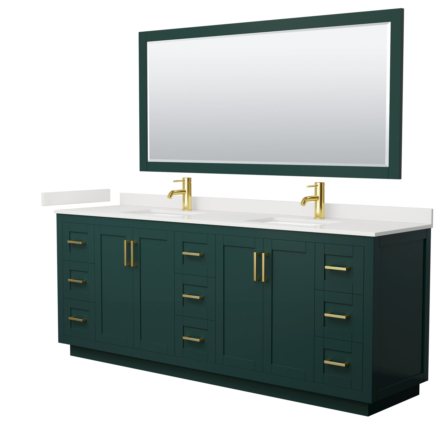 Wyndham Collection Miranda 84" Double Bathroom Vanity in Green, White Quartz Countertop, Undermount Square Sinks (1-Hole), Brushed Gold Trim, 70" Mirror
