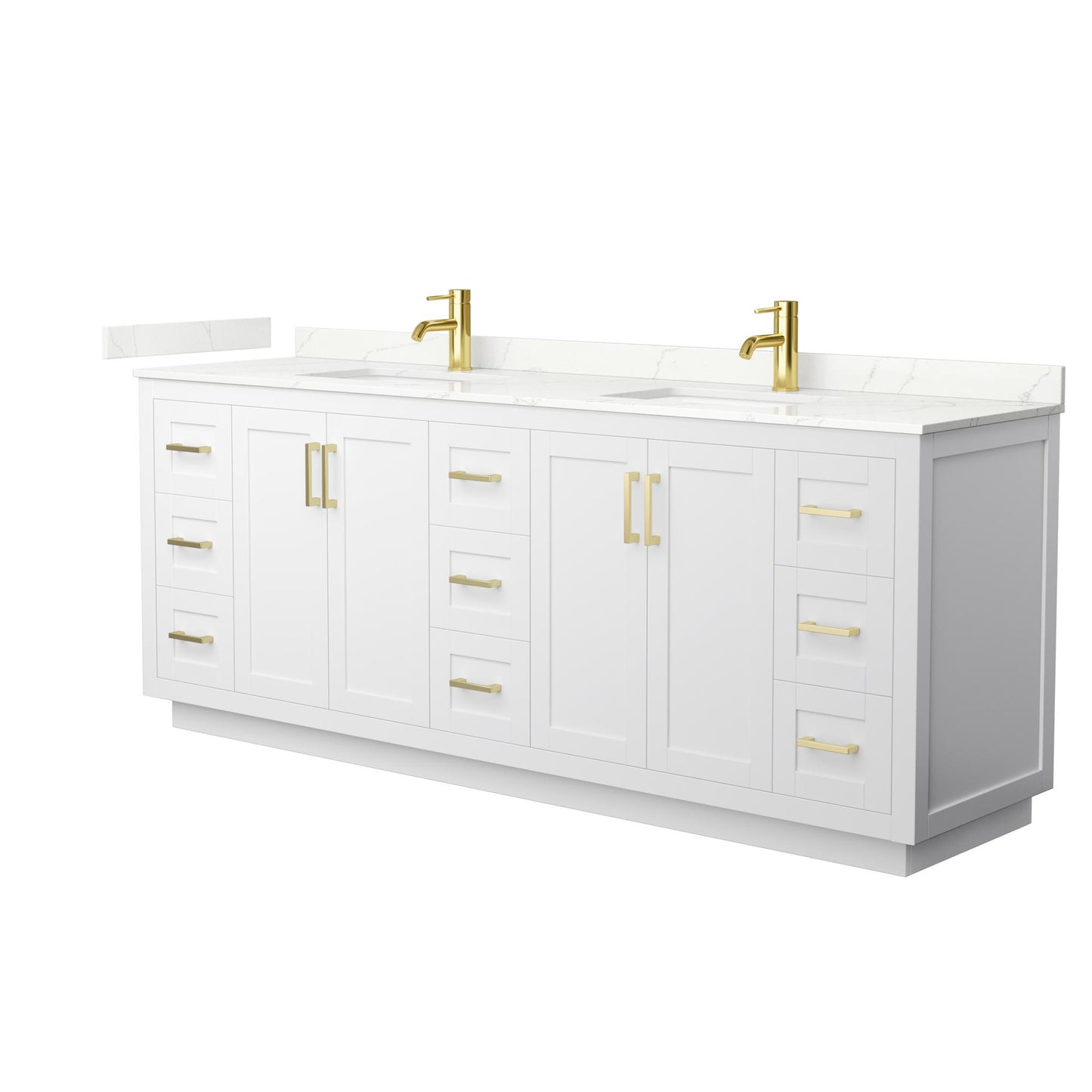 Wyndham Collection Miranda 84" Double Bathroom Vanity in White, Giotto Quartz Countertop, Undermount Square Sinks (1-Hole), Brushed Gold Trim