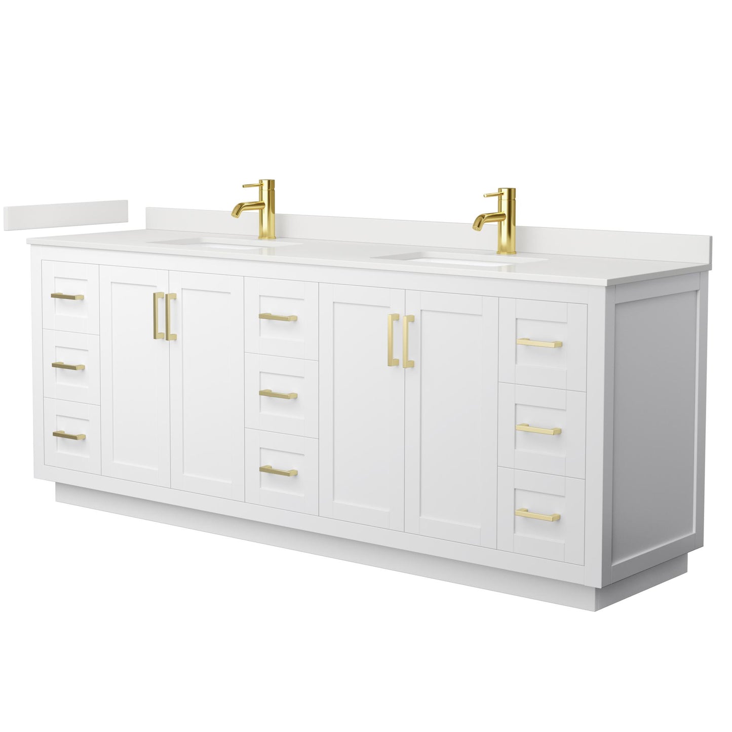 Wyndham Collection Miranda 84" Double Bathroom Vanity in White, White Quartz Countertop, Undermount Square Sinks (1-Hole), Brushed Gold Trim