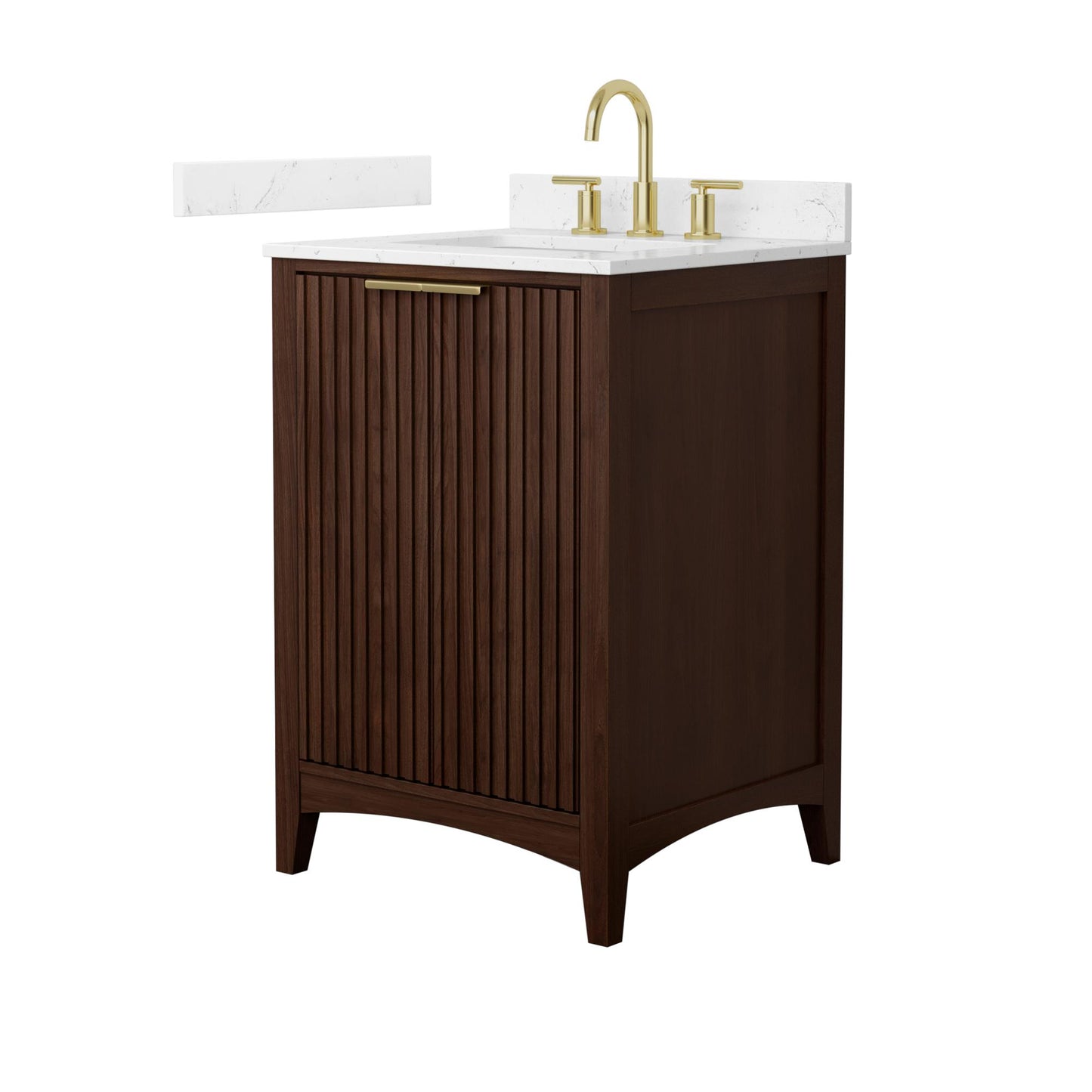 Wyndham Collection Palmilla 24" Single Bathroom Vanity in Dark Walnut, Carrara Cultured Marble Countertop, Undermount Square Sink (3-Hole), Brushed Gold Trim