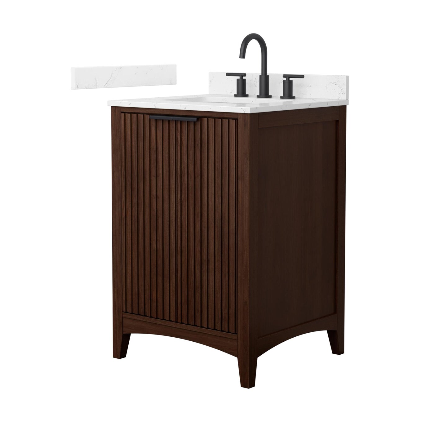 Wyndham Collection Palmilla 24" Single Bathroom Vanity in Dark Walnut, Carrara Cultured Marble Countertop, Undermount Square Sink (3-Hole), Matte Black Trim
