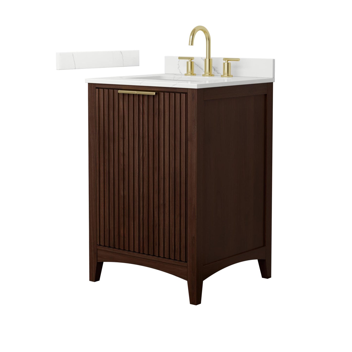 Wyndham Collection Palmilla 24" Single Bathroom Vanity in Dark Walnut, Giotto Quartz Countertop, Undermount Square Sink (3-Hole), Brushed Gold Trim