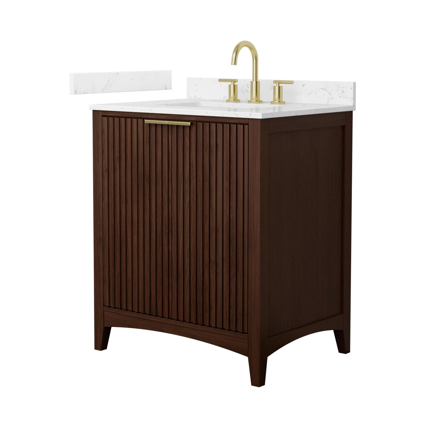 Wyndham Collection Palmilla 30" Single Bathroom Vanity in Dark Walnut, Carrara Cultured Marble Countertop, Undermount Square Sink (3-Hole), Brushed Gold Trim