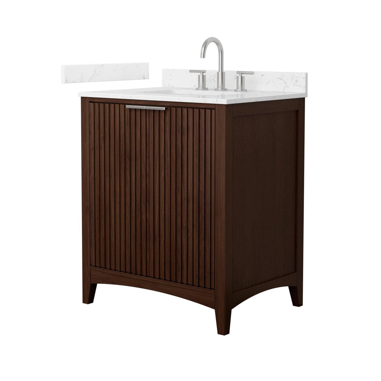 Wyndham Collection Palmilla 30" Single Bathroom Vanity in Dark Walnut, Carrara Cultured Marble Countertop, Undermount Square Sink (3-Hole), Brushed Nickel Trim