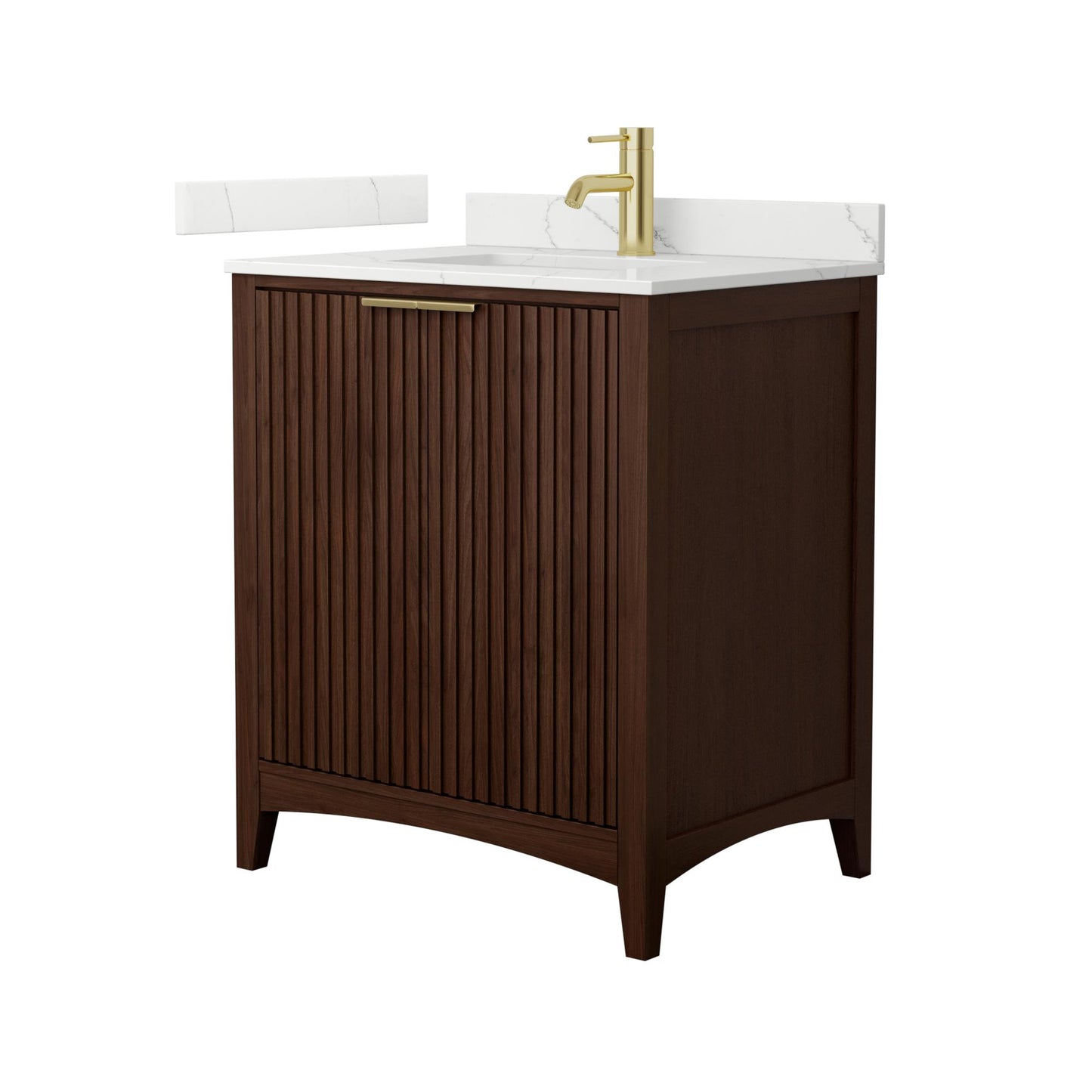 Wyndham Collection Palmilla 30" Single Bathroom Vanity in Dark Walnut, Giotto Quartz Countertop, Undermount Square Sink (1-Hole), Brushed Gold Trim