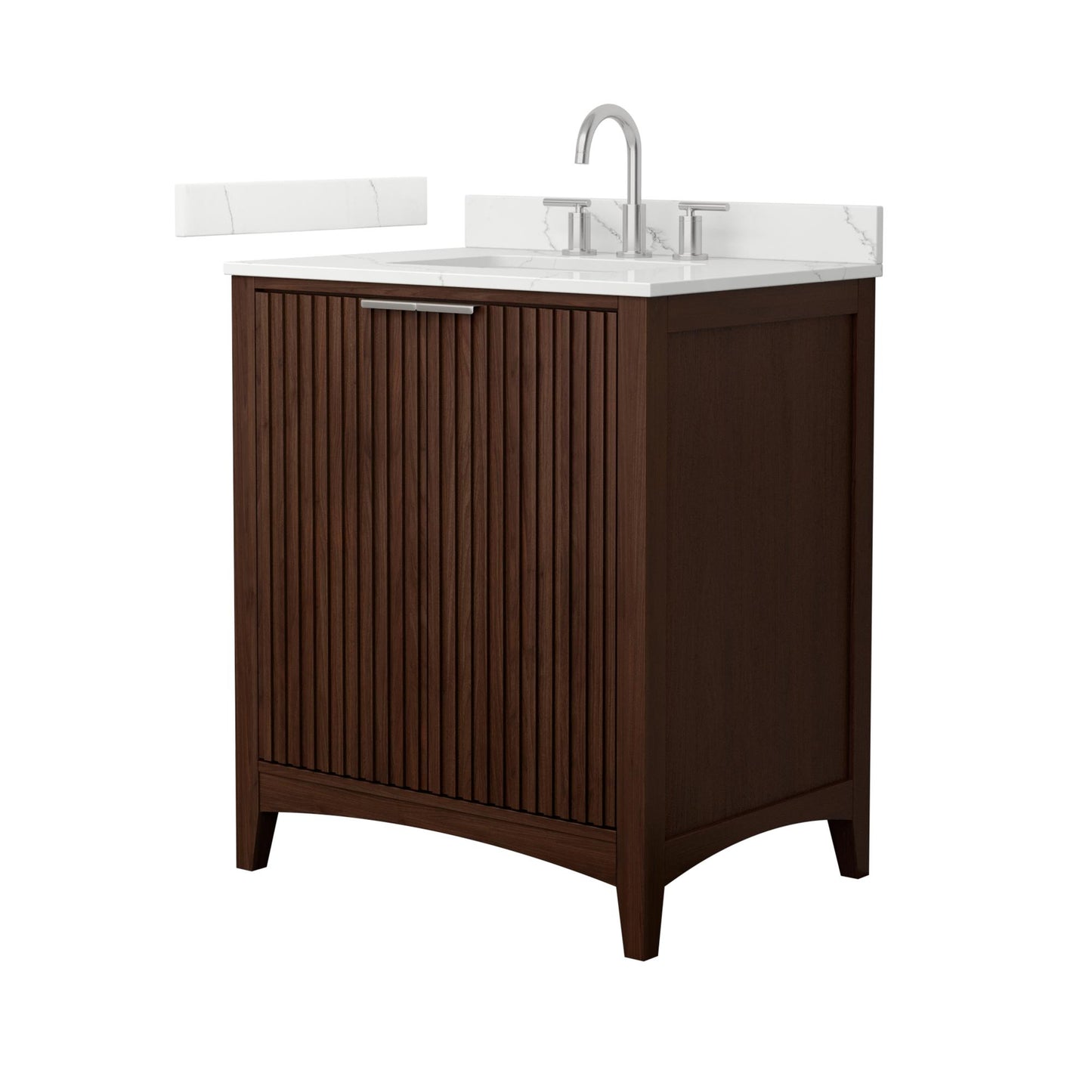 Wyndham Collection Palmilla 30" Single Bathroom Vanity in Dark Walnut, Giotto Quartz Countertop, Undermount Square Sink (3-Hole), Brushed Nickel Trim