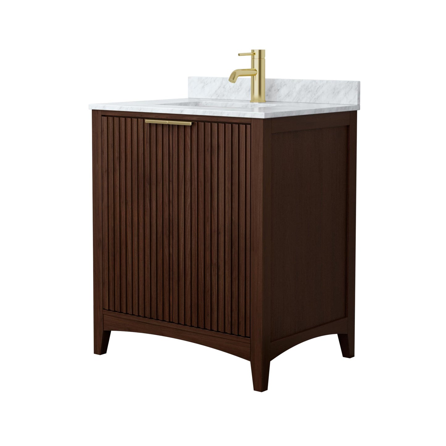 Wyndham Collection Palmilla 30" Single Bathroom Vanity in Dark Walnut, White Carrara Marble Countertop, Undermount Square Sink (1-Hole), Brushed Gold Trim