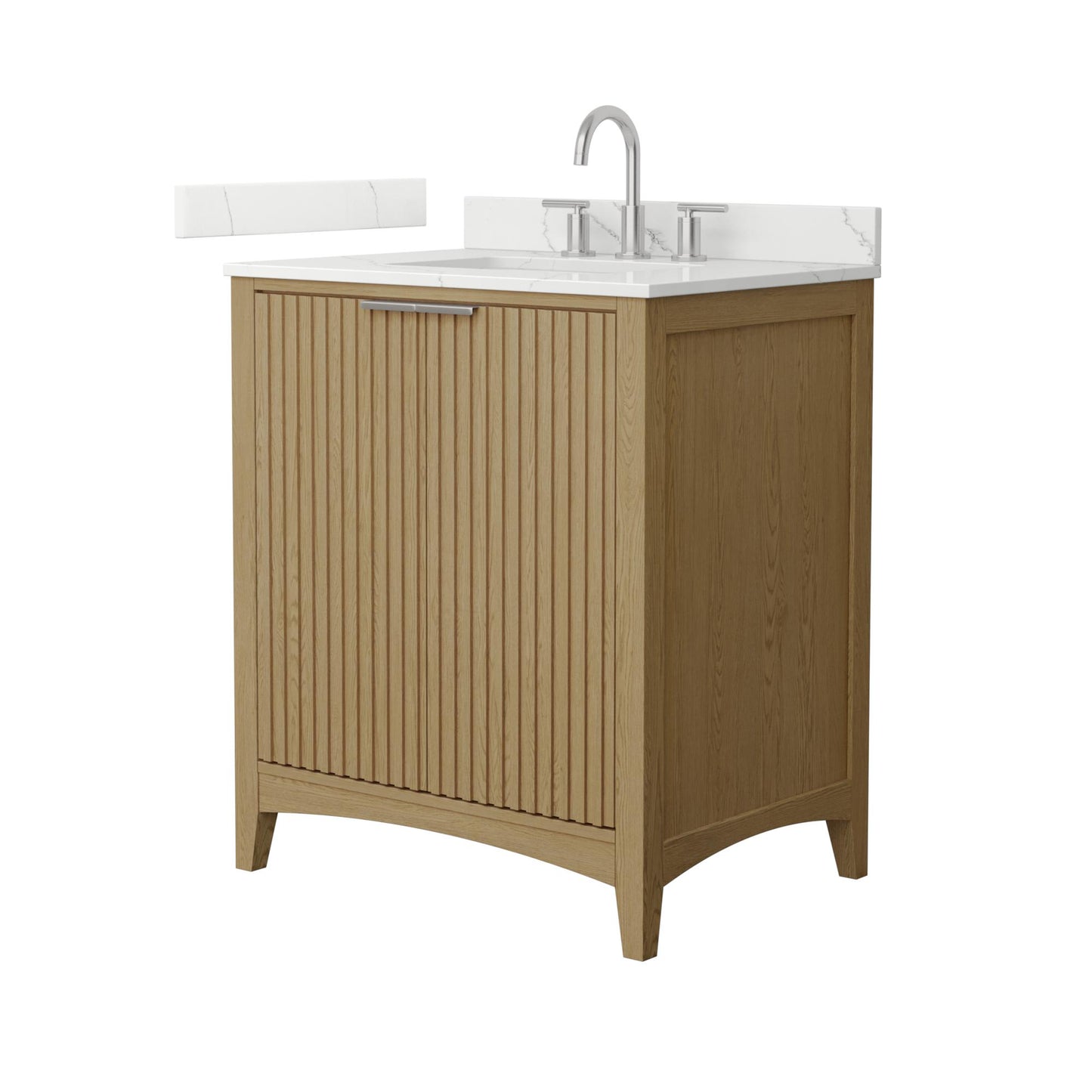 Wyndham Collection Palmilla 30" Single Bathroom Vanity in Natural Oak, Giotto Quartz Countertop, Undermount Square Sink (3-Hole), Brushed Nickel Trim