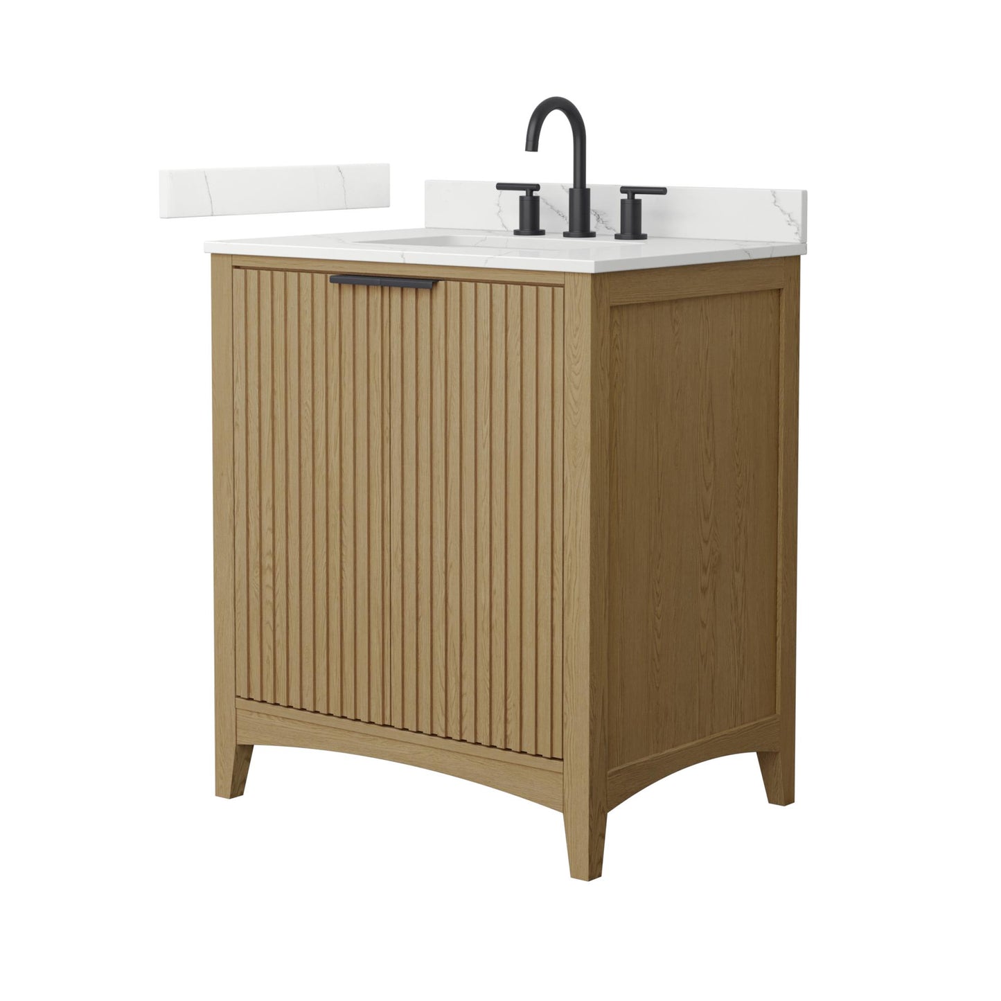 Wyndham Collection Palmilla 30" Single Bathroom Vanity in Natural Oak, Giotto Quartz Countertop, Undermount Square Sink (3-Hole), Matte Black Trim