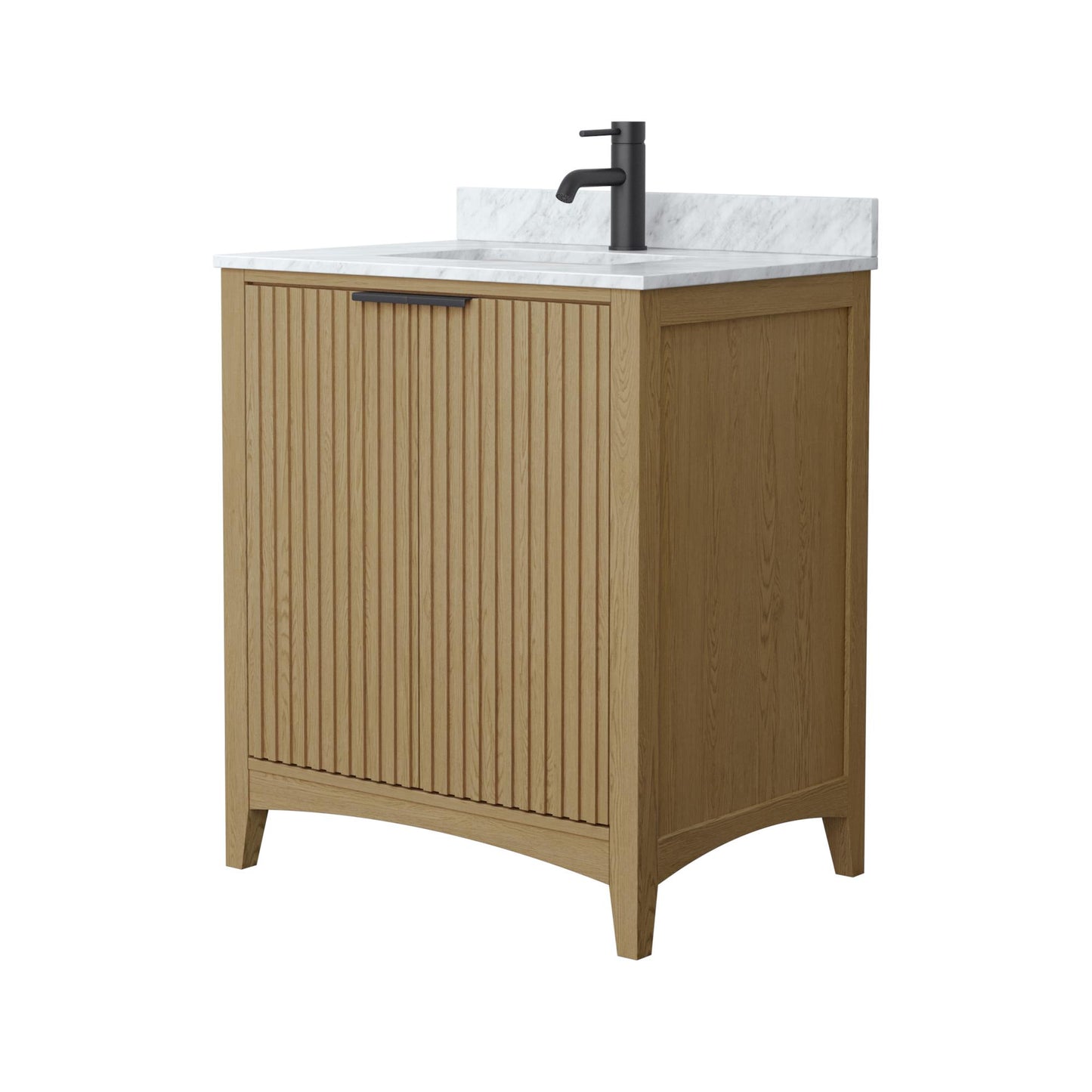 Wyndham Collection Palmilla 30" Single Bathroom Vanity in Natural Oak, White Carrara Marble Countertop, Undermount Square Sink (1-Hole), Matte Black Trim