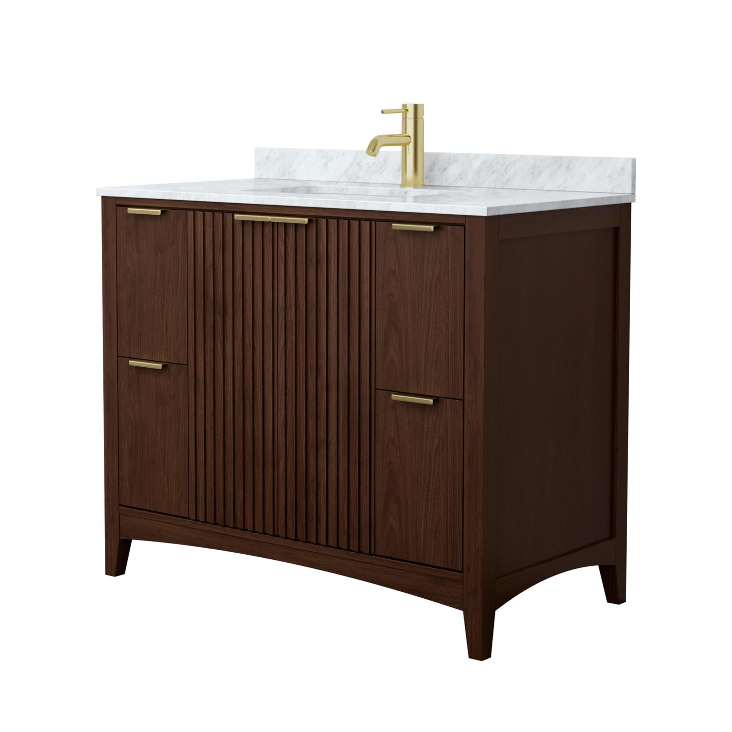 Wyndham Collection Palmilla 42" Single Bathroom Vanity in Dark Walnut, White Carrara Marble Countertop, Undermount Square Sink (1-Hole), Brushed Gold Trim