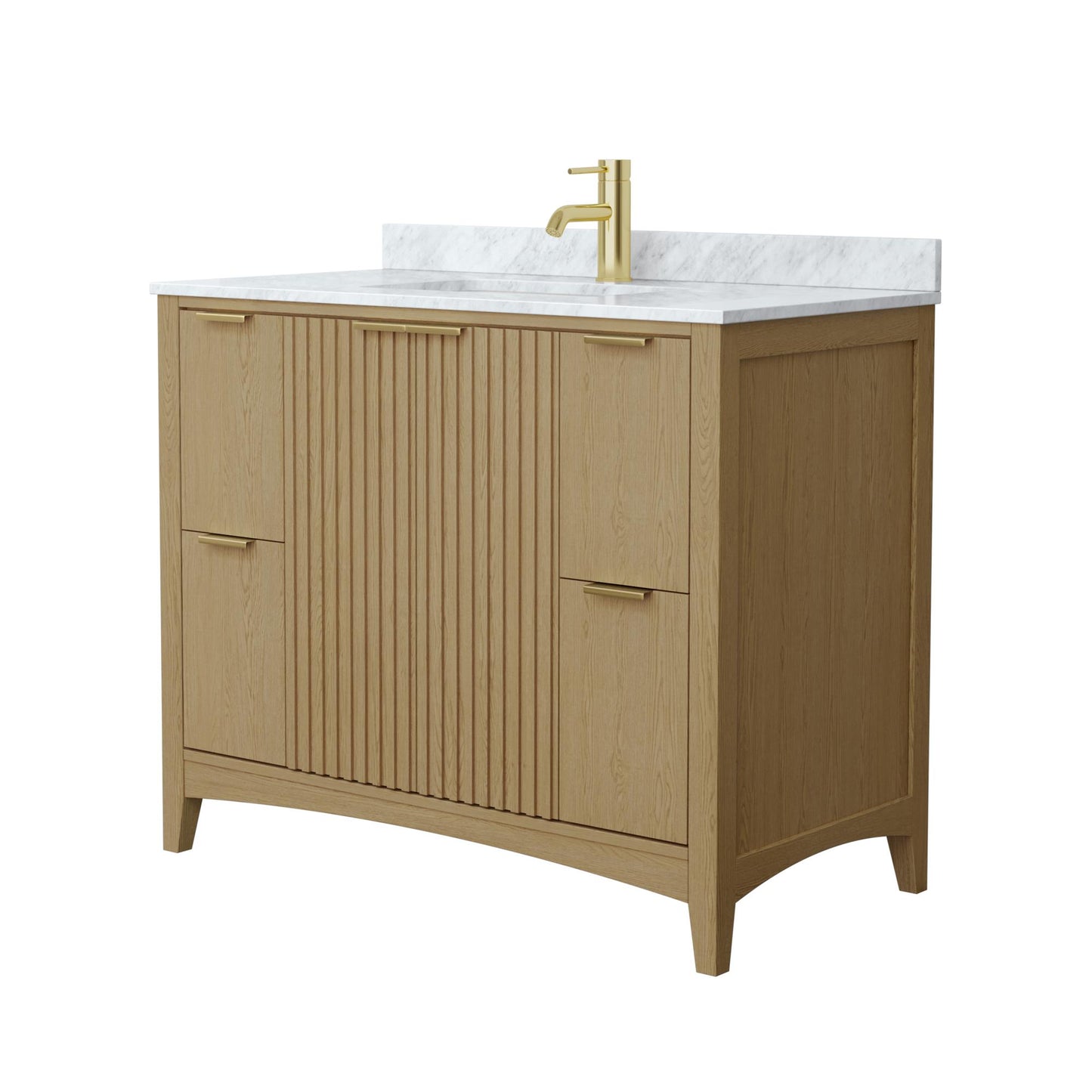 Wyndham Collection Palmilla 42" Single Bathroom Vanity in Natural Oak, White Carrara Marble Countertop, Undermount Square Sink (1-Hole), Brushed Gold Trim