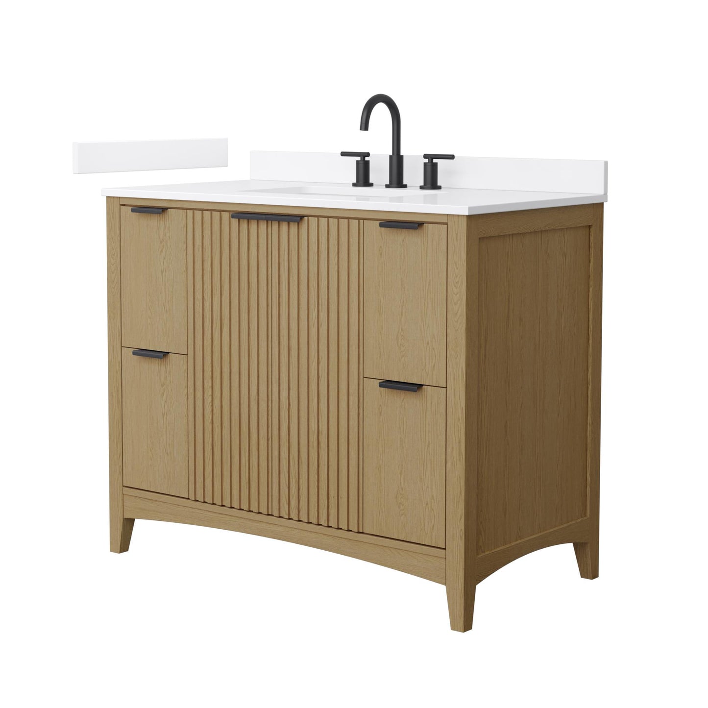 Wyndham Collection Palmilla 42" Single Bathroom Vanity in Natural Oak, White Quartz Countertop, Undermount Square Sink (3-Hole), Matte Black Trim