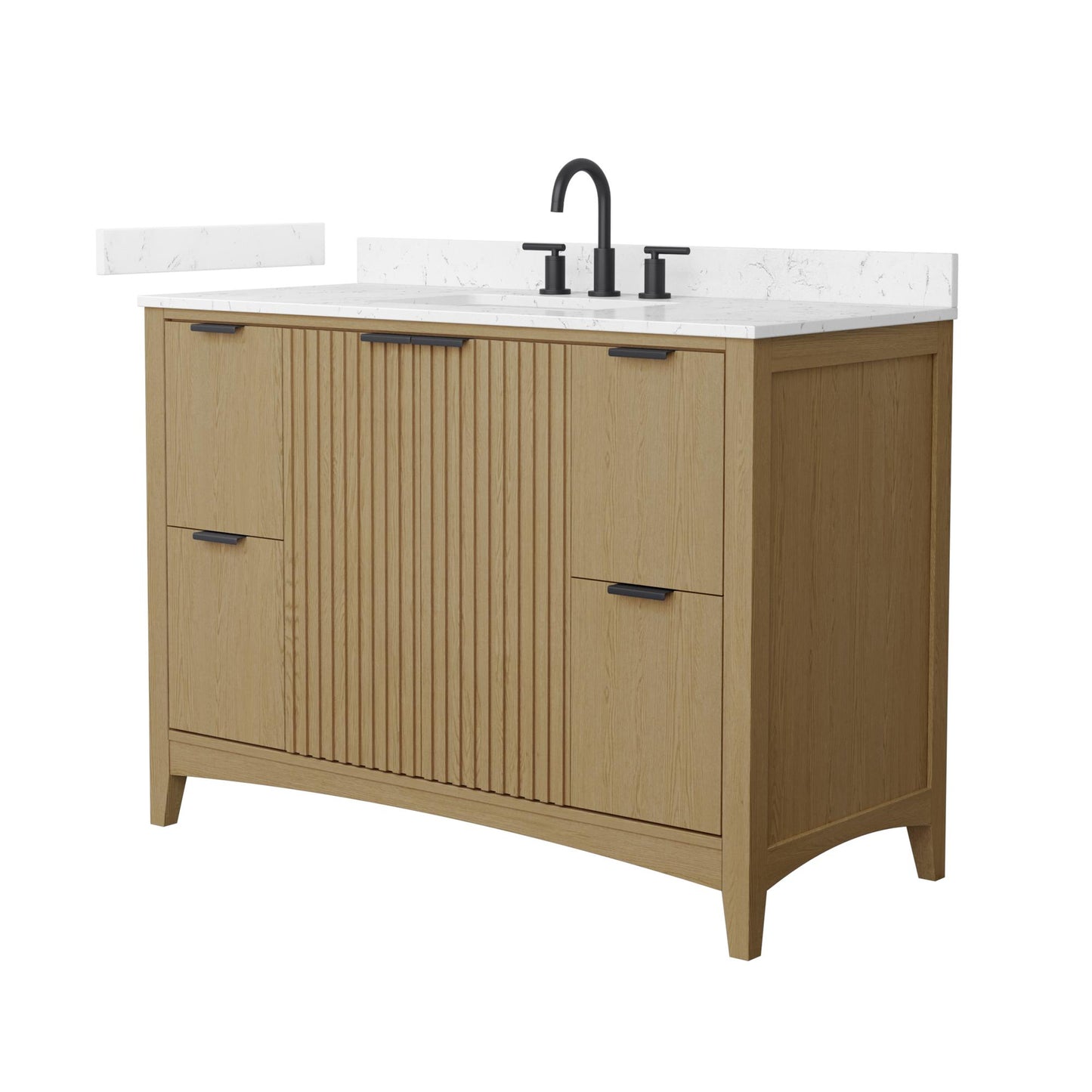 Wyndham Collection Palmilla 48" Single Bathroom Vanity in Natural Oak, Carrara Cultured Marble Countertop, Undermount Square Sink (3-Hole), Matte Black Trim