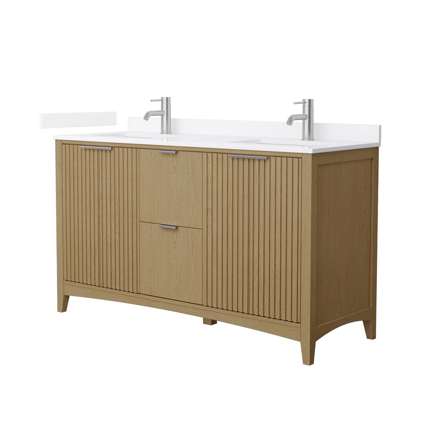 Wyndham Collection Palmilla 60" Double Bathroom Vanity in Natural Oak, White Quartz Countertop, Undermount Square Sinks (1-Hole), Brushed Nickel Trim