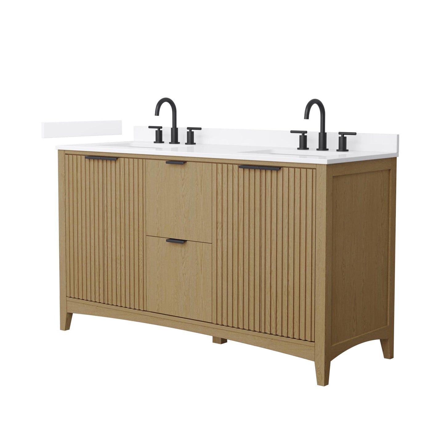 Wyndham Collection Palmilla 60" Double Bathroom Vanity in Natural Oak, White Quartz Countertop, Undermount Square Sinks (3-Hole), Matte Black Trim