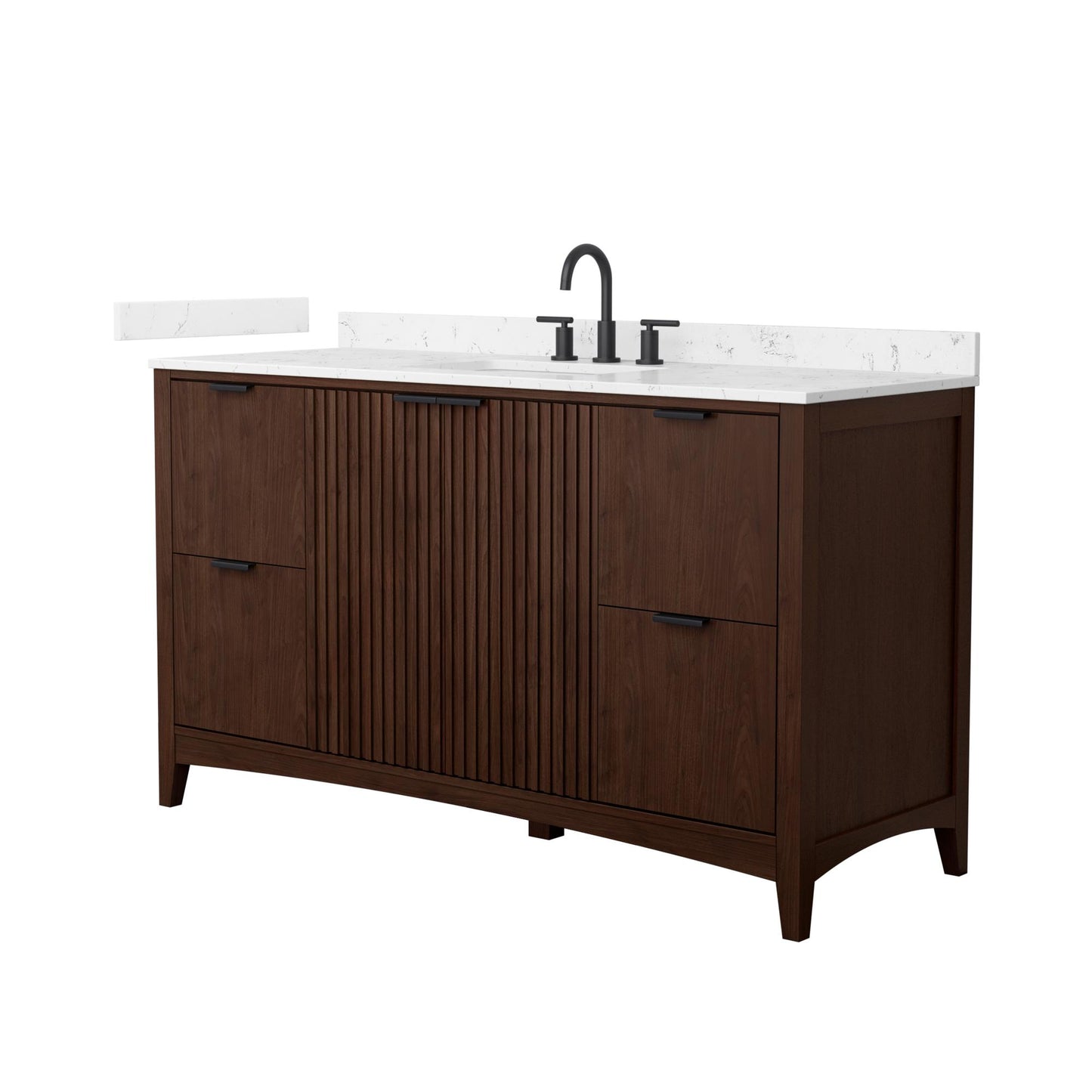 Wyndham Collection Palmilla 60" Single Bathroom Vanity in Dark Walnut, Carrara Cultured Marble Countertop, Undermount Square Sink (3-Hole), Matte Black Trim